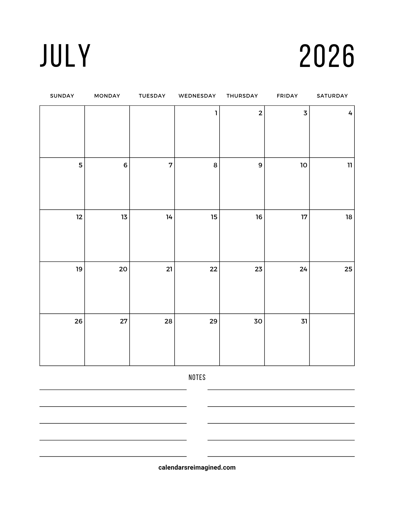 July 2026 calendar with notes