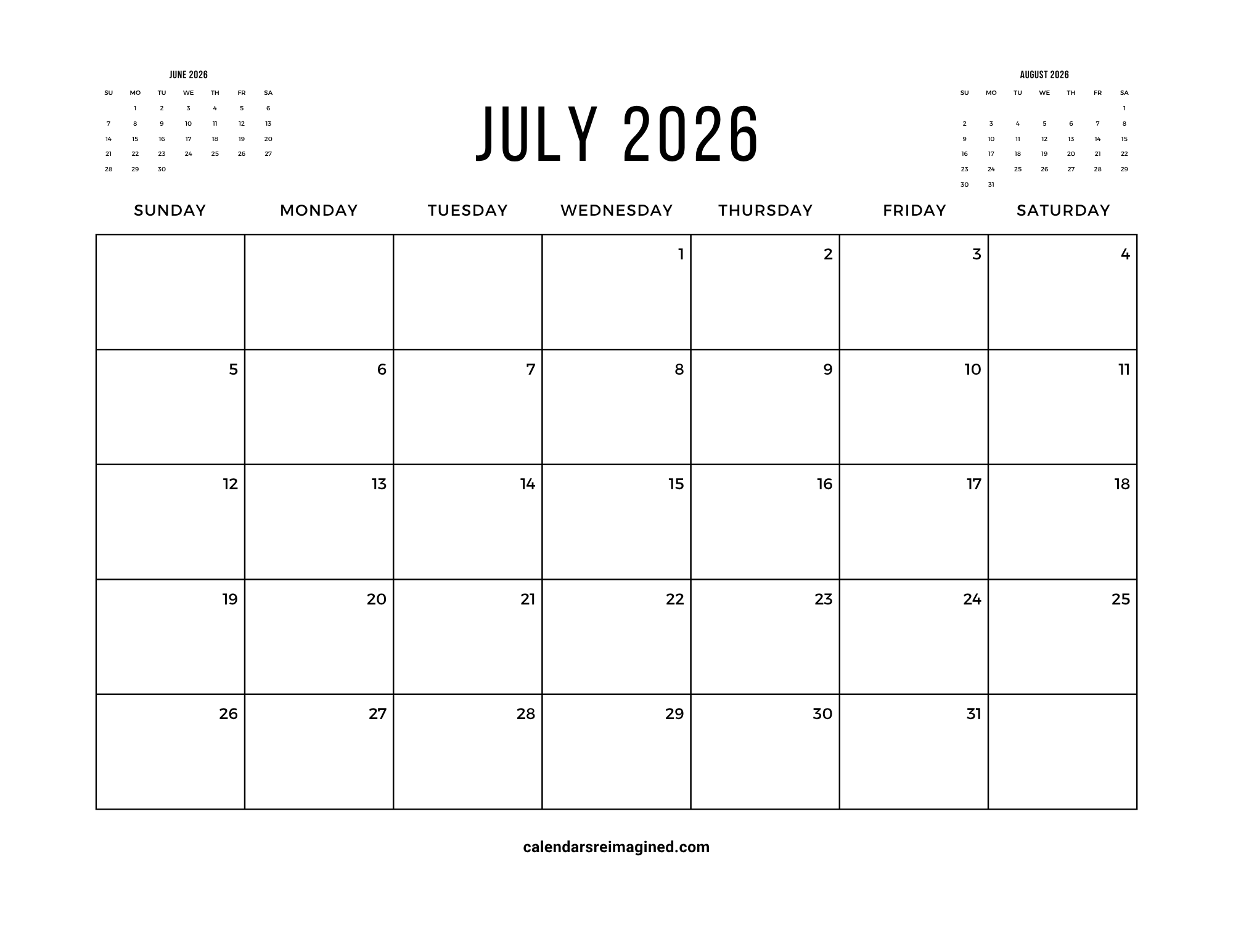 July 2026 calendar with next and previous months
