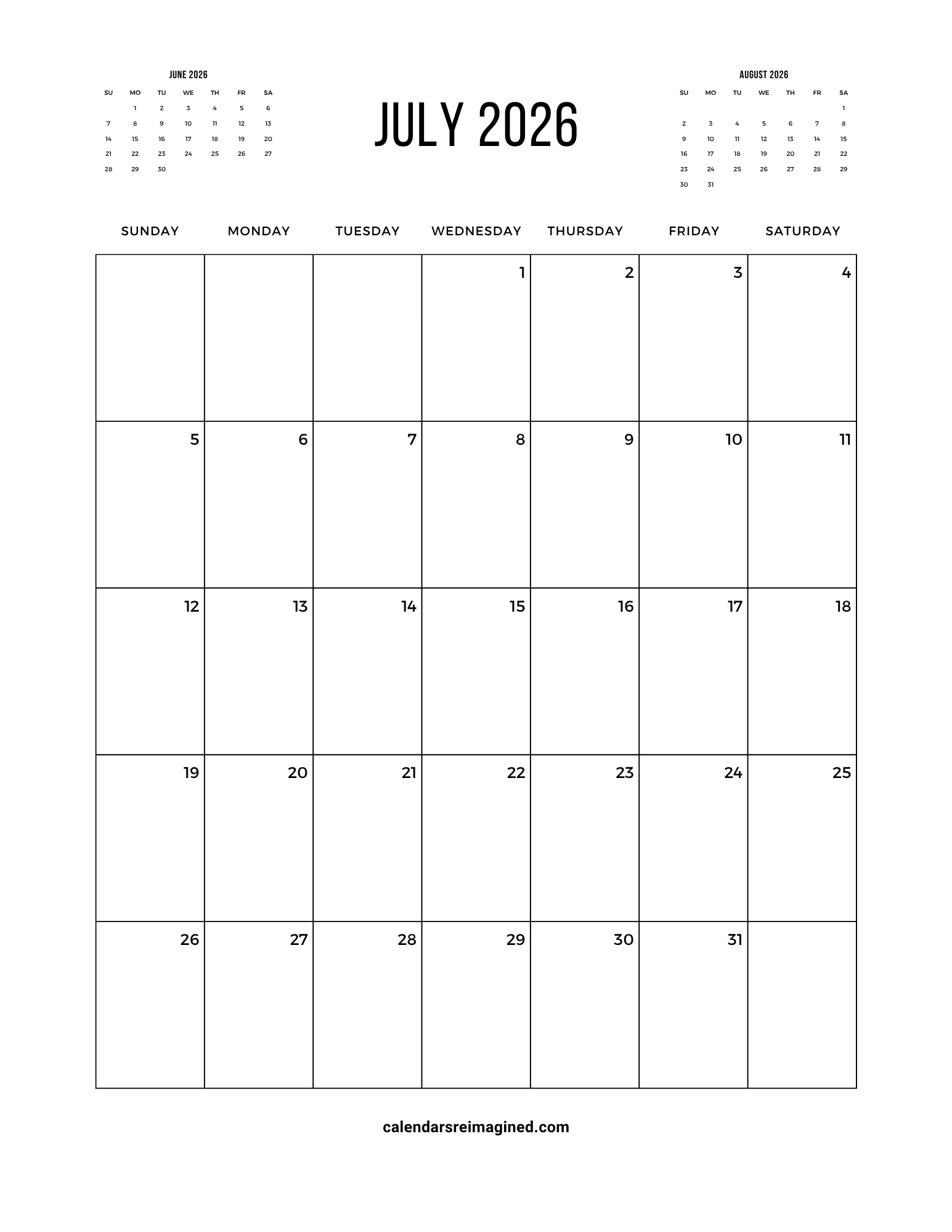 July 2026 calendar with next and previous months