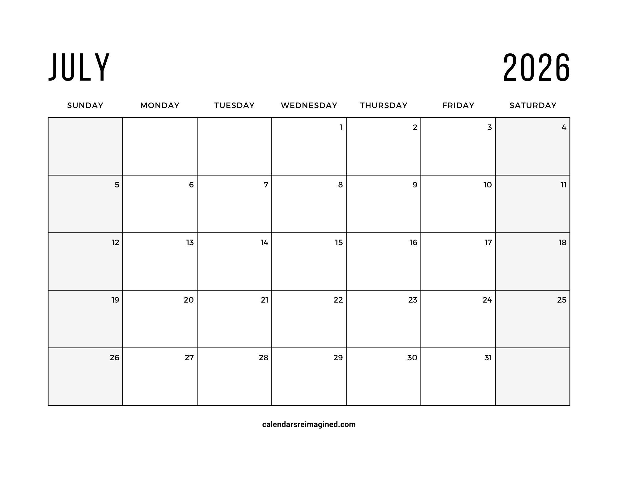 July 2026 calendar with shaded weekends