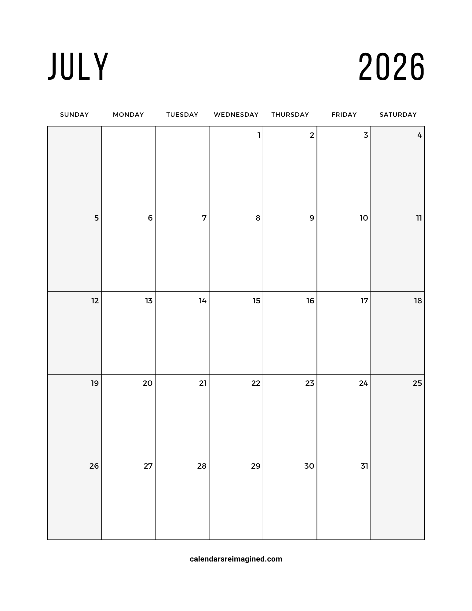 July 2026 calendar with shaded weekends