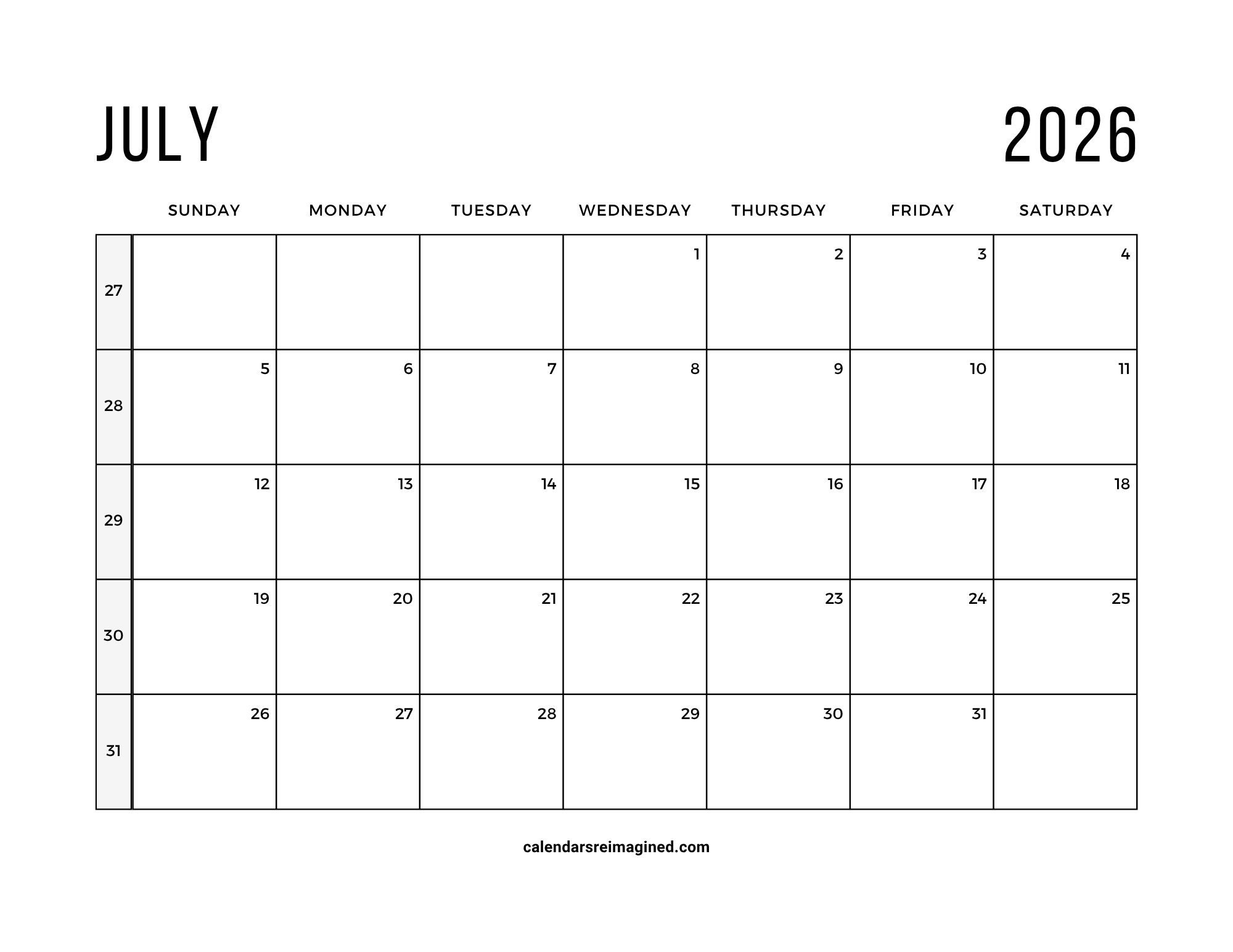 July 2026 calendar with week numbers
