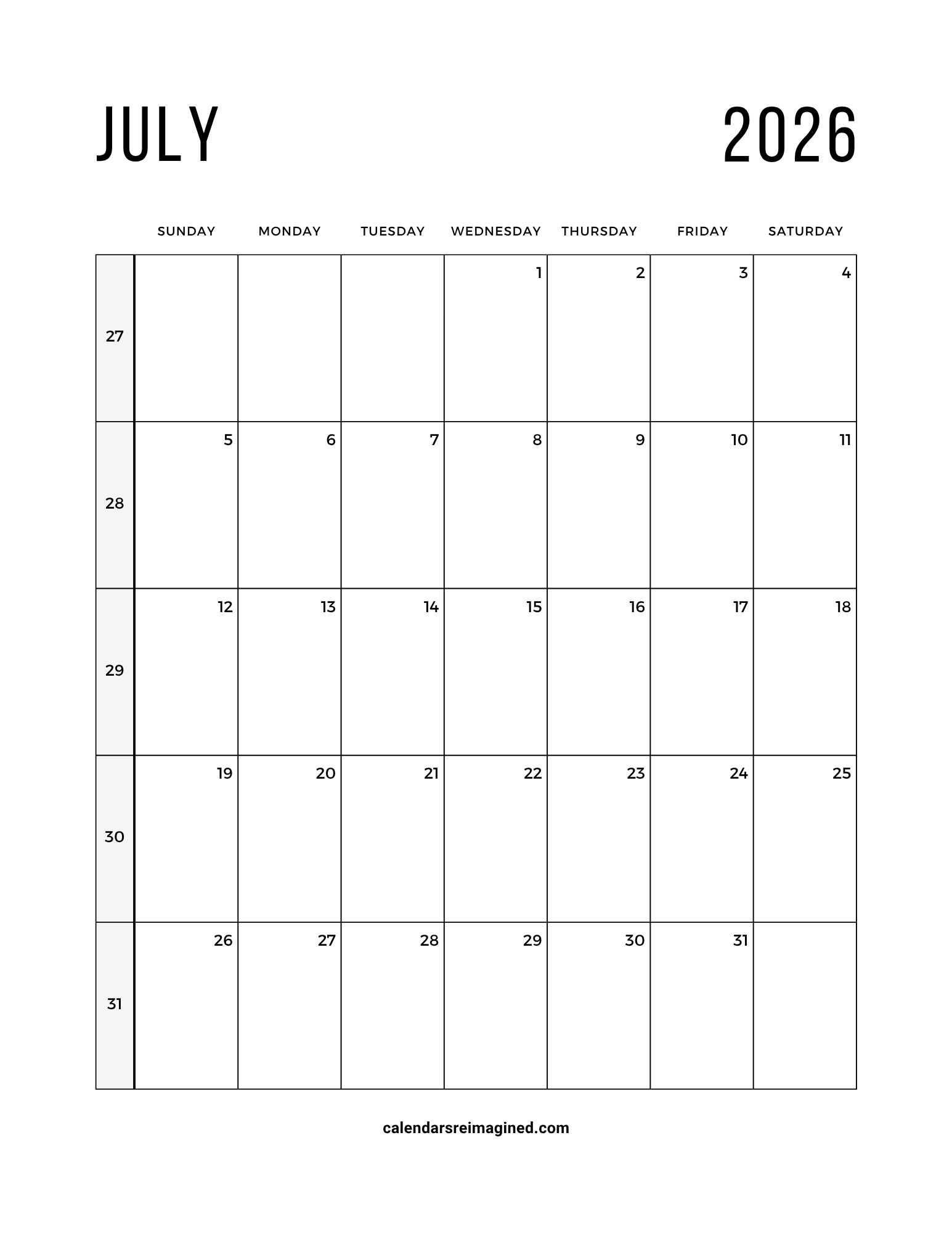 July 2026 calendar with week numbers