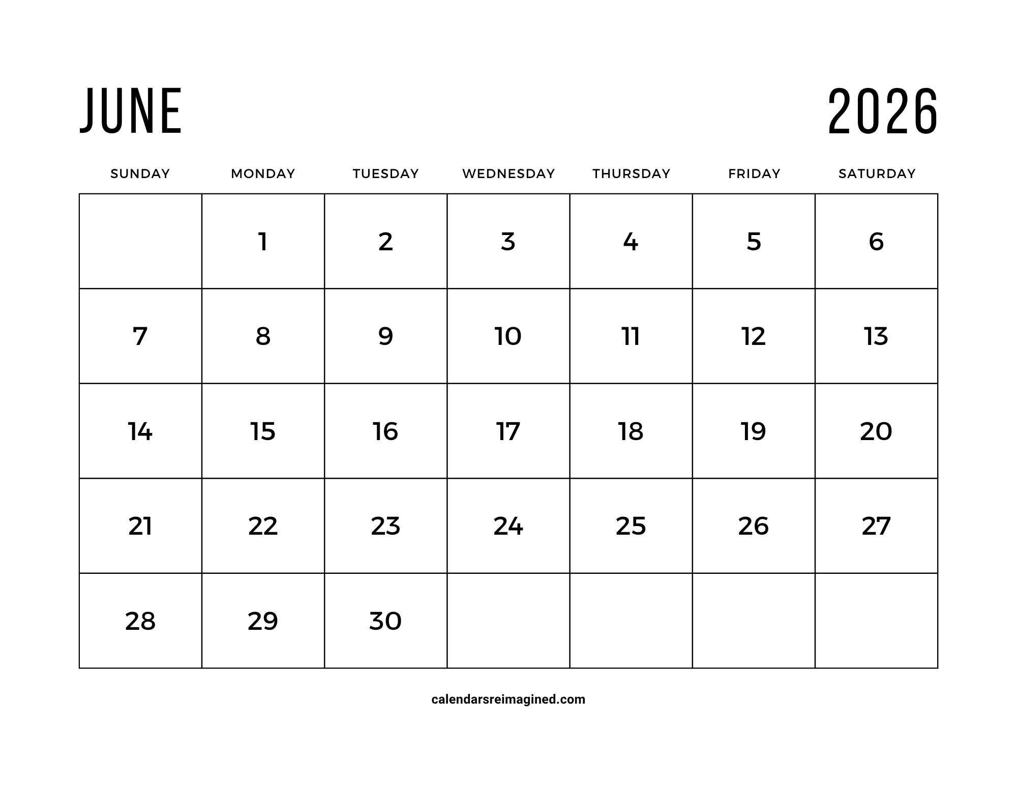 June 2026 calendar with large print