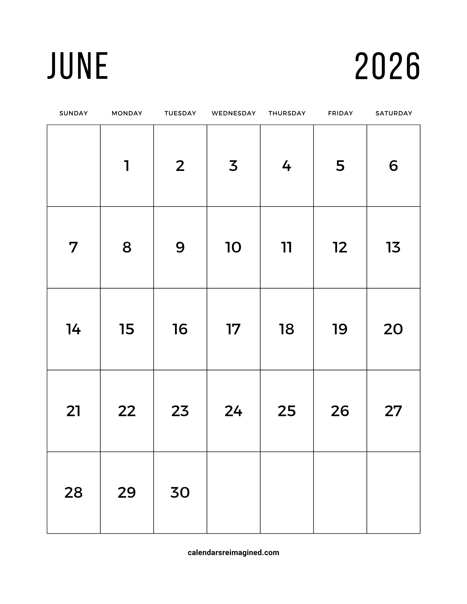 June 2026 calendar with large print