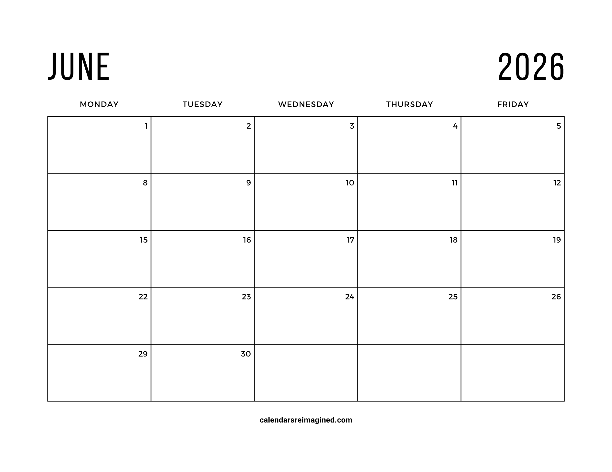 June 2026 workweek or 5-day calendar