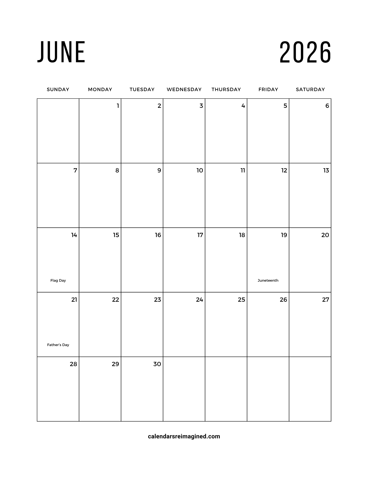 June 2026 calendar with holidays