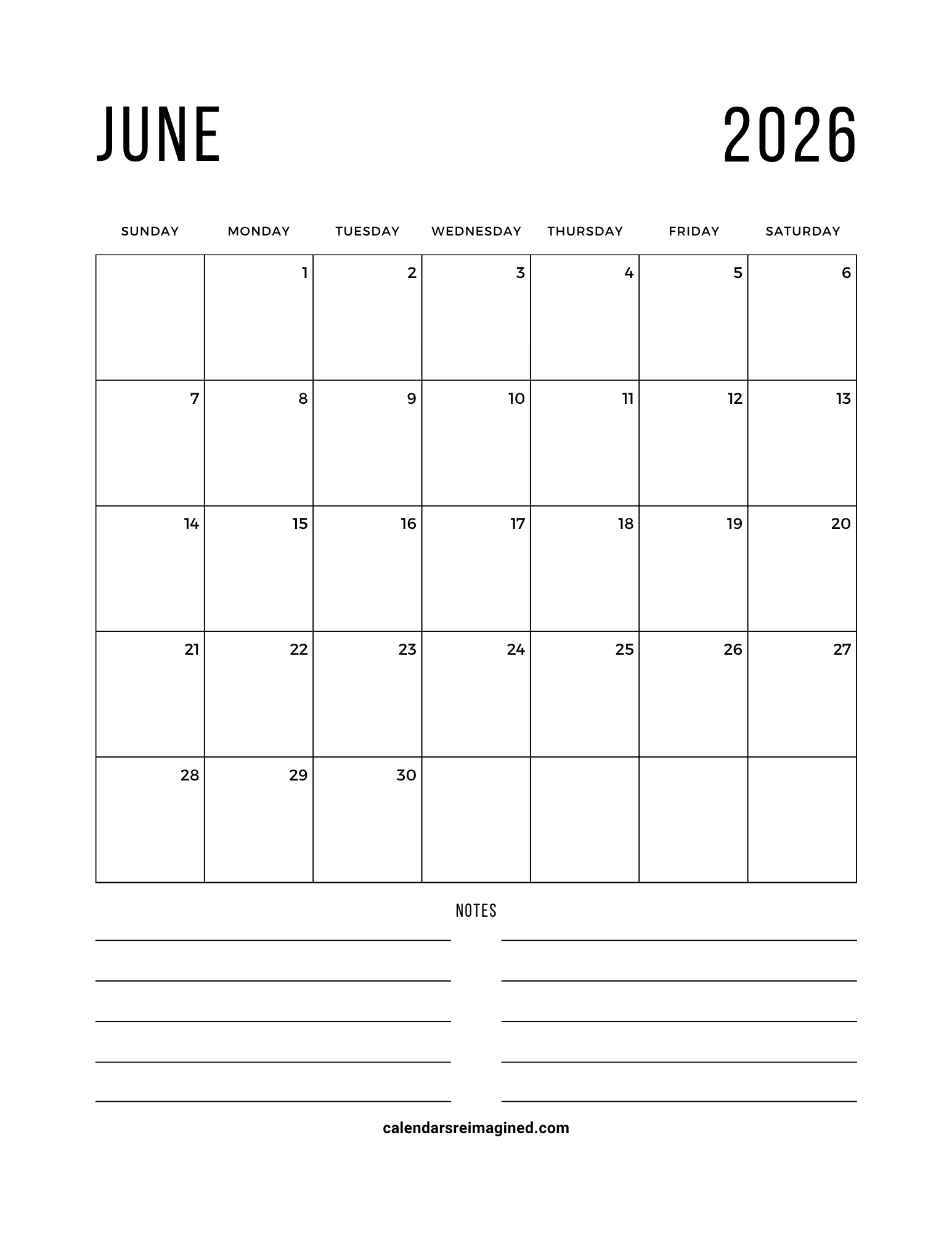 June 2026 calendar with notes