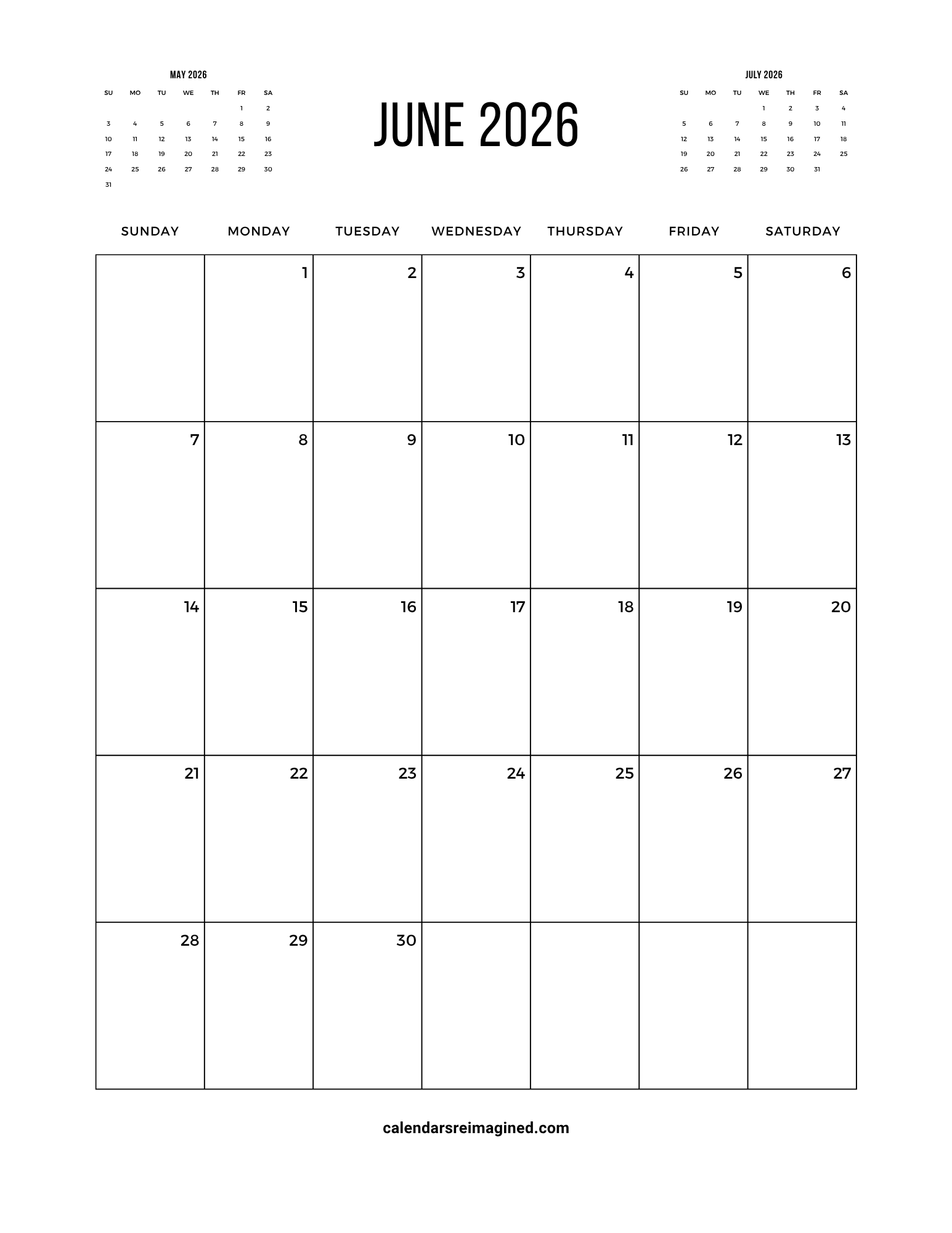 June 2026 calendar with next and previous months