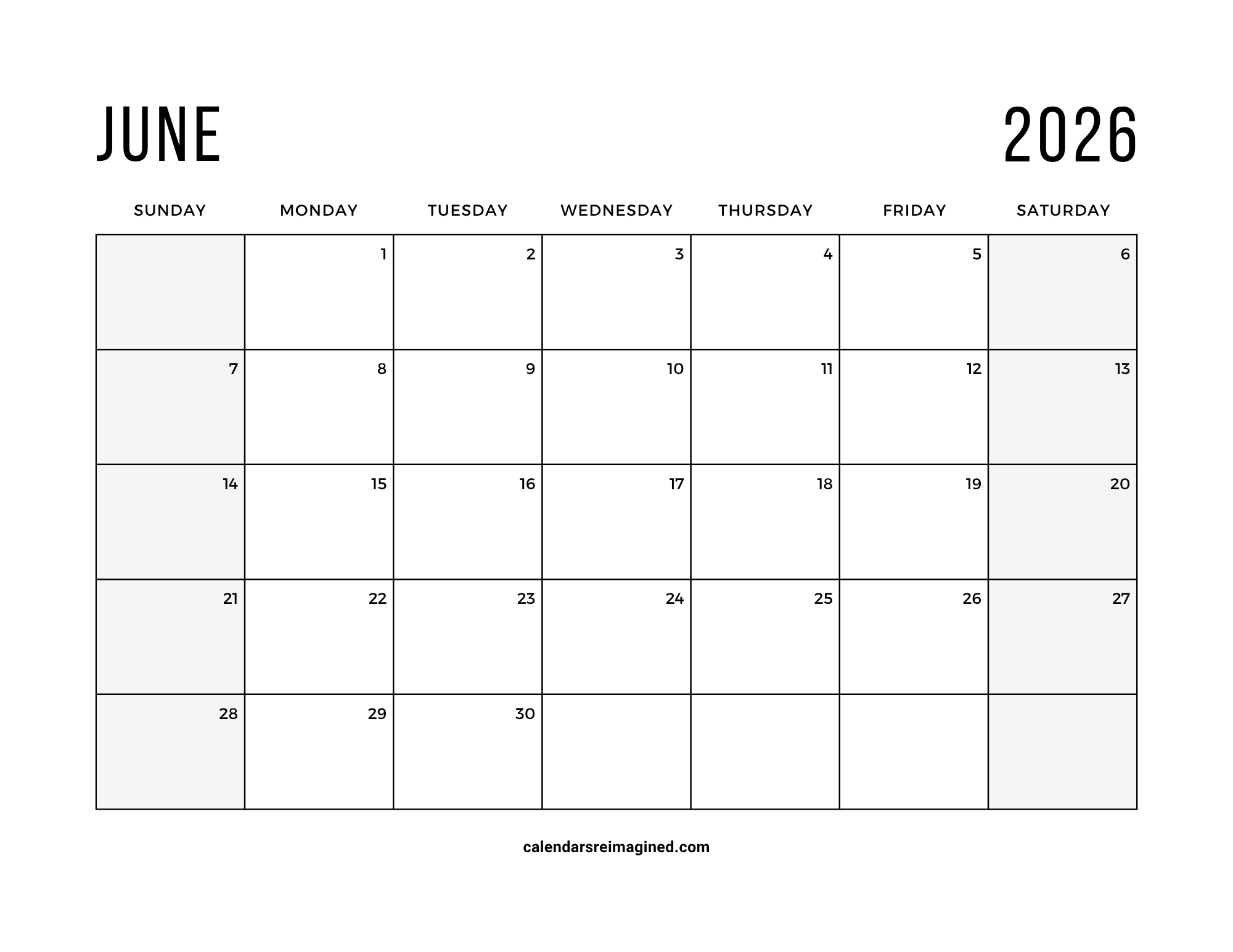 June 2026 calendar with shaded weekends