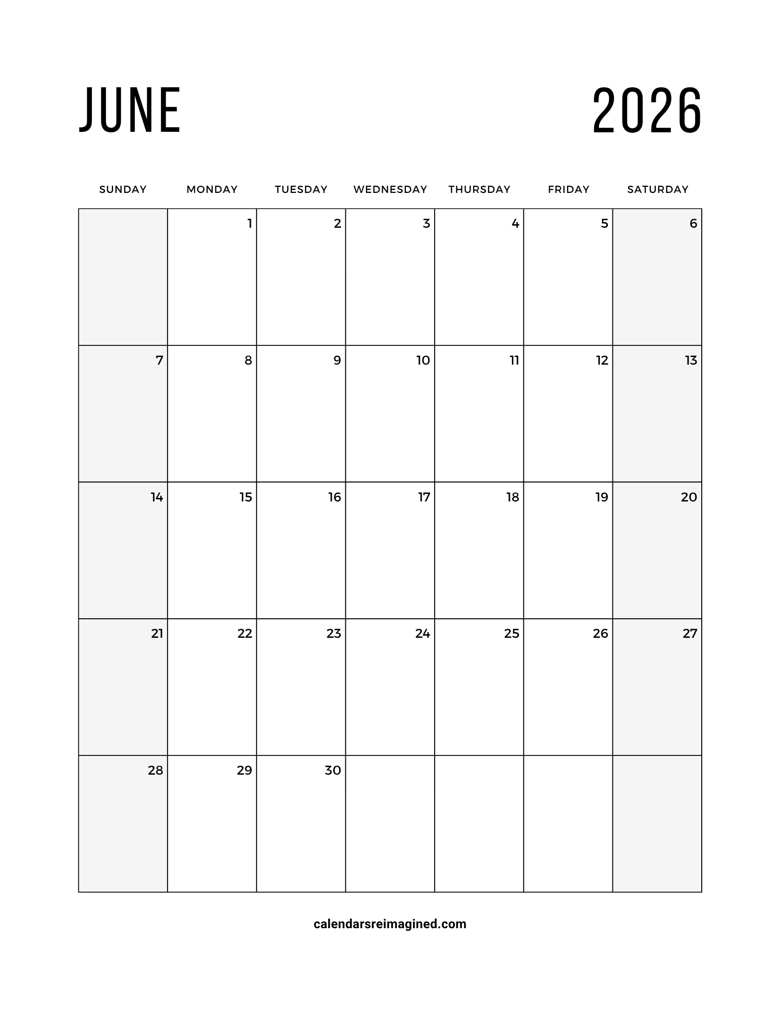 June 2026 calendar with shaded weekends