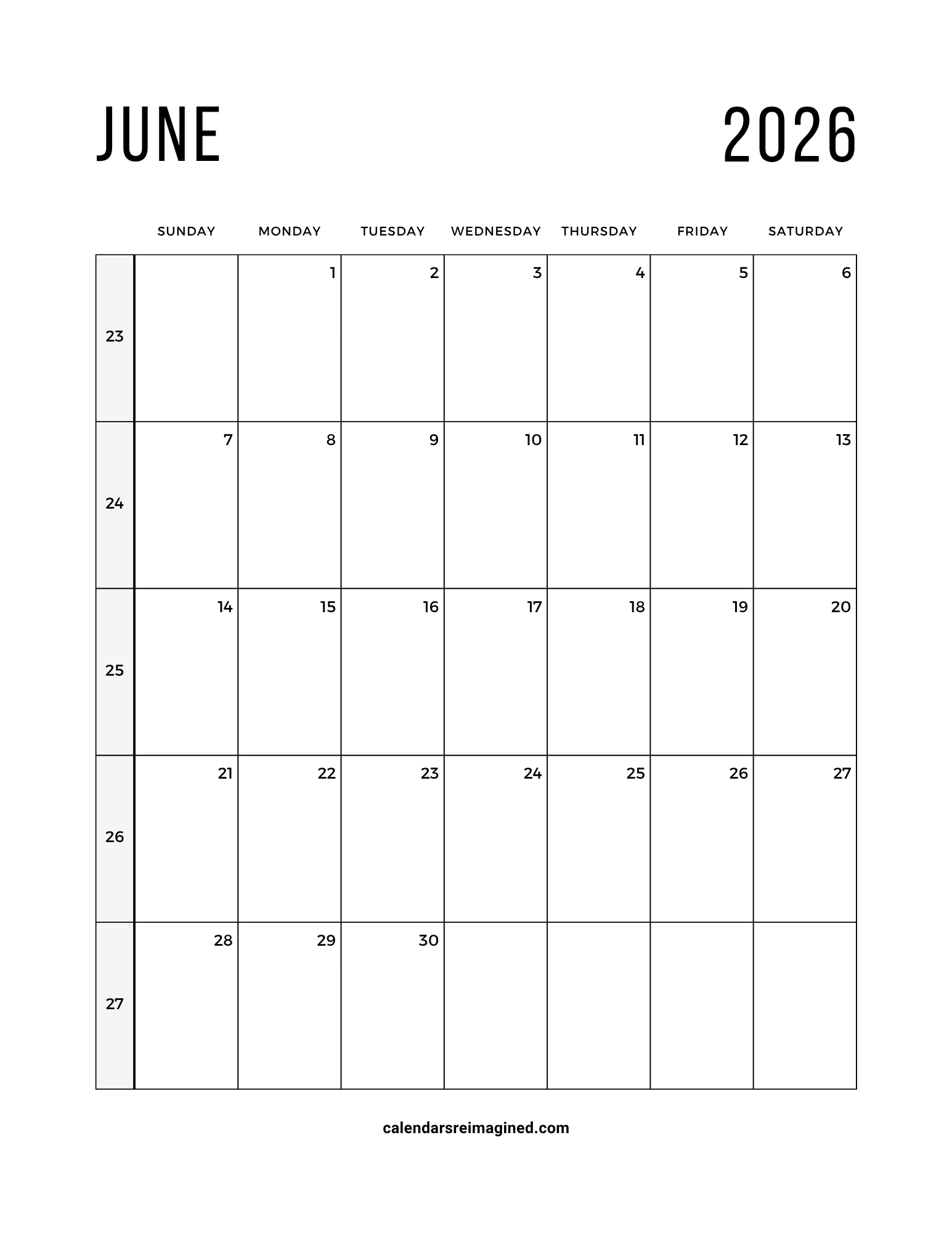 June 2026 calendar with week numbers