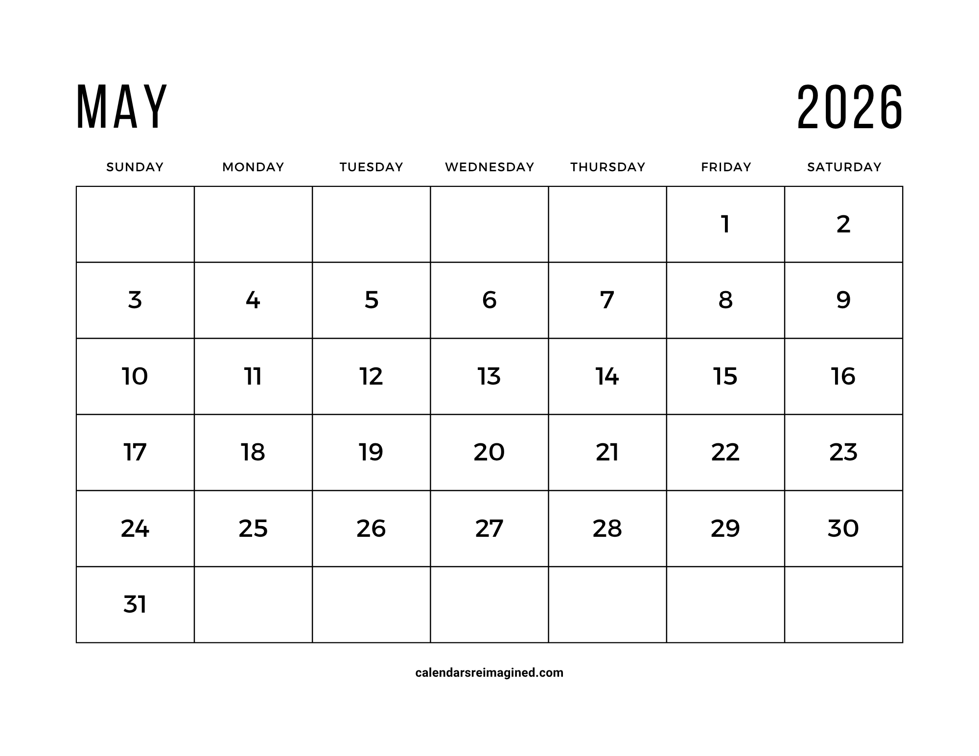 May 2026 calendar with large print