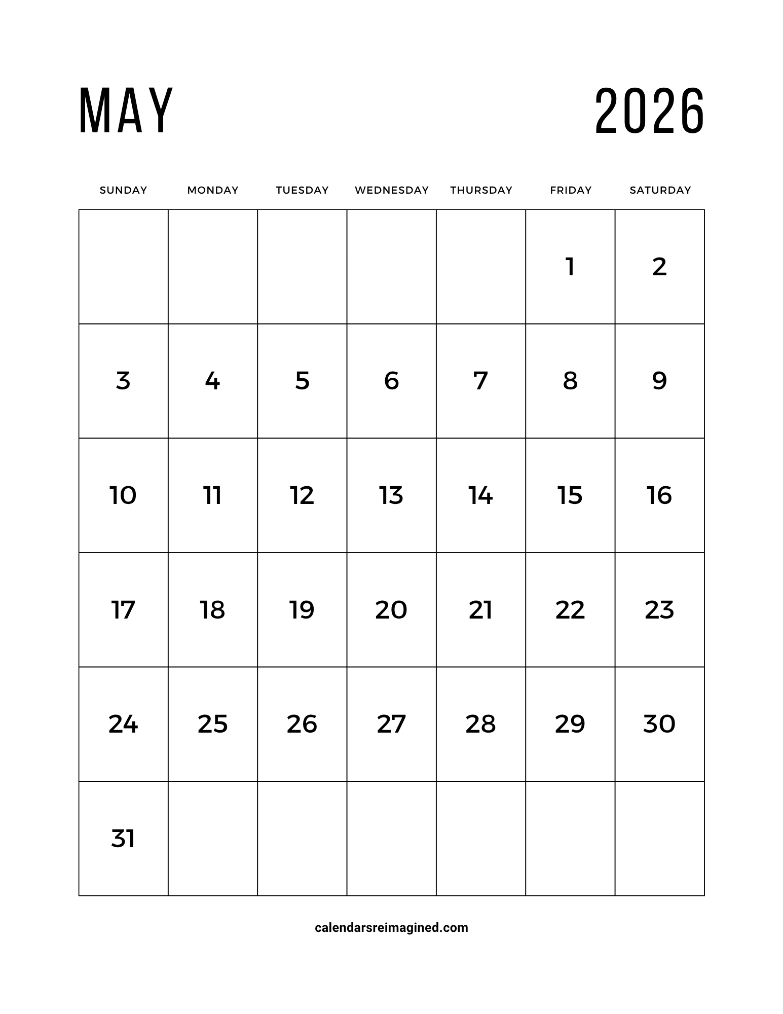 May 2026 calendar with large print