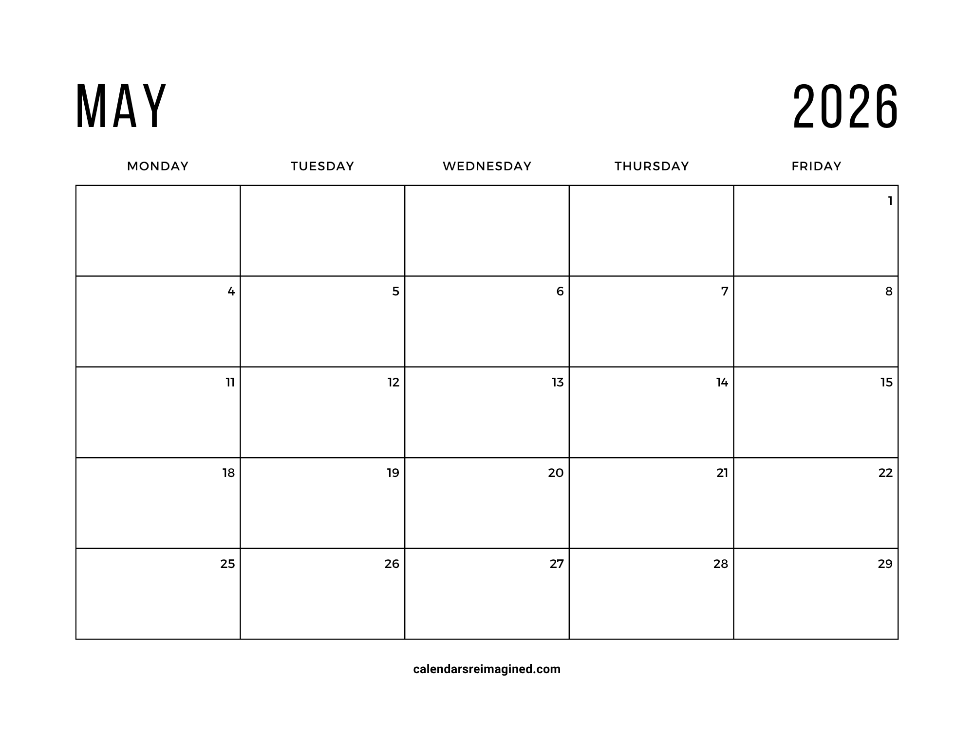 May 2026 workweek or 5-day calendar