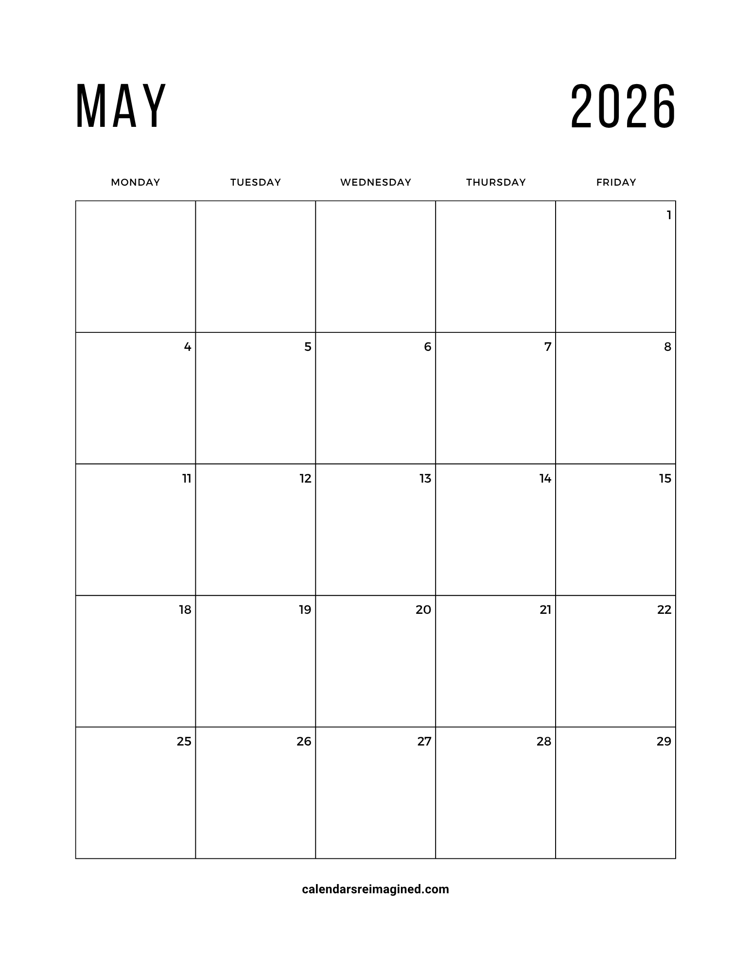 May 2026 workweek or 5-day calendar