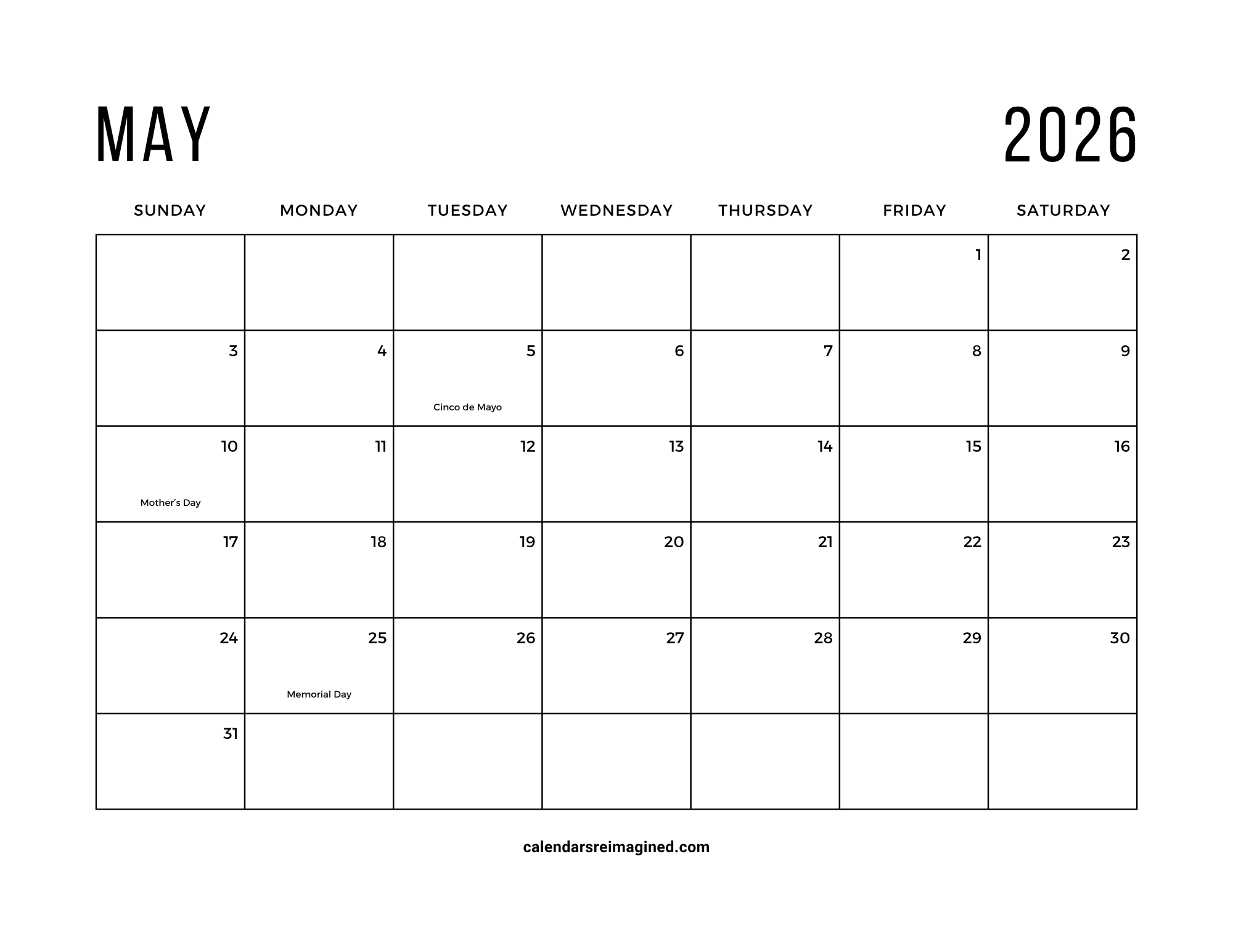 May 2026 calendar with holidays