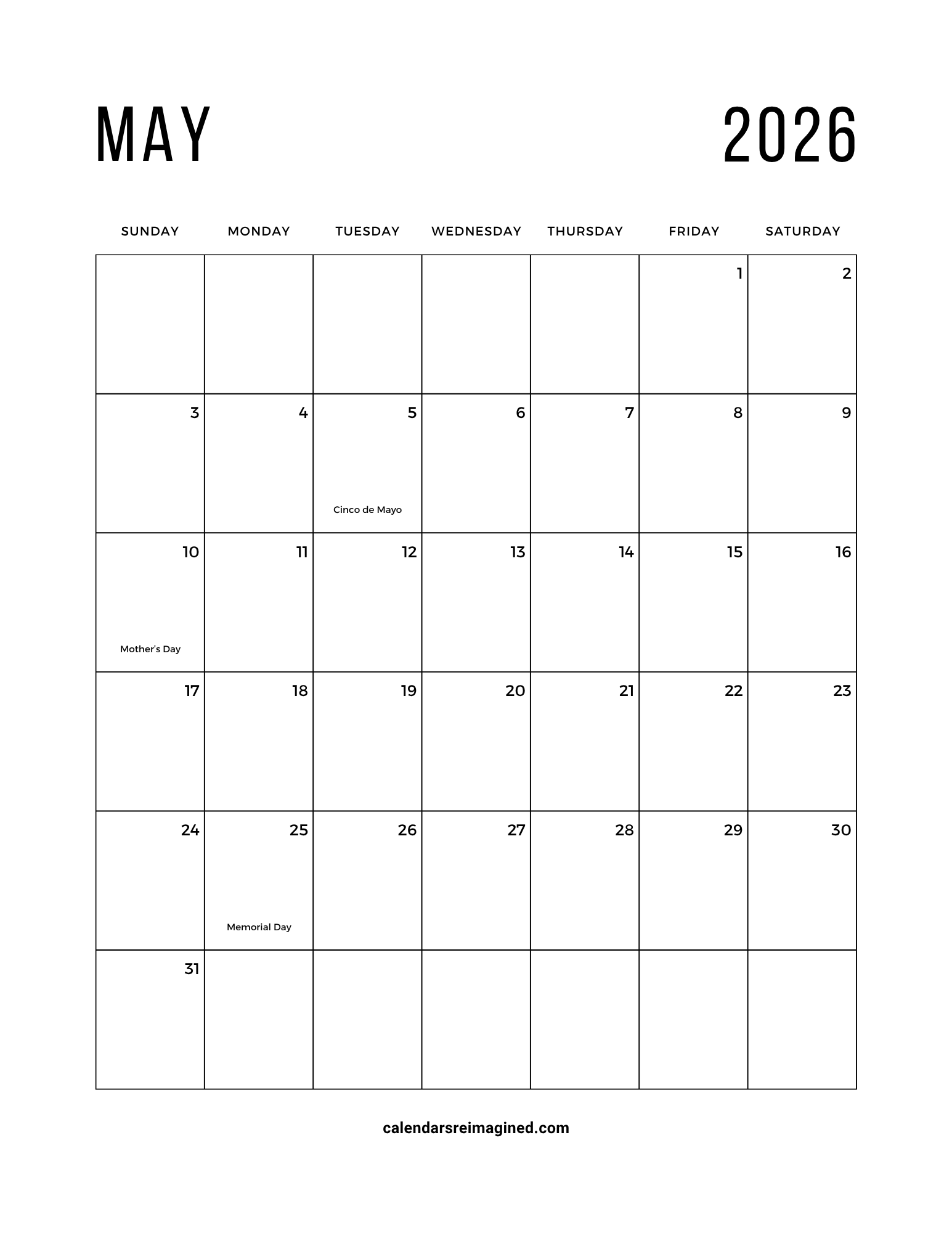 May 2026 calendar with holidays