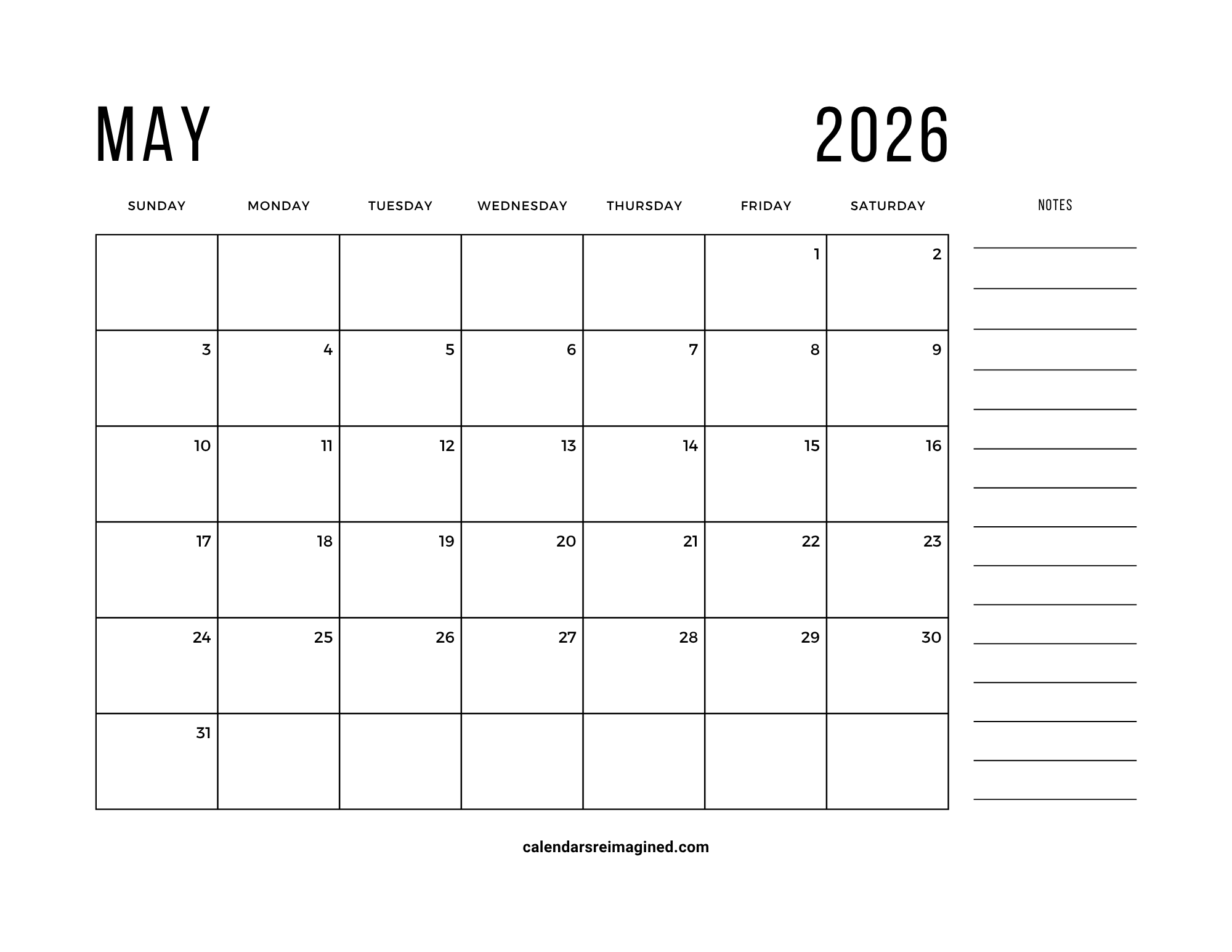 May 2026 calendar with notes