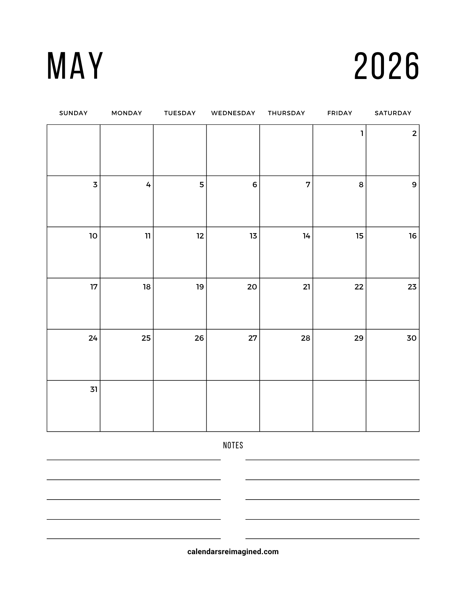 May 2026 calendar with notes