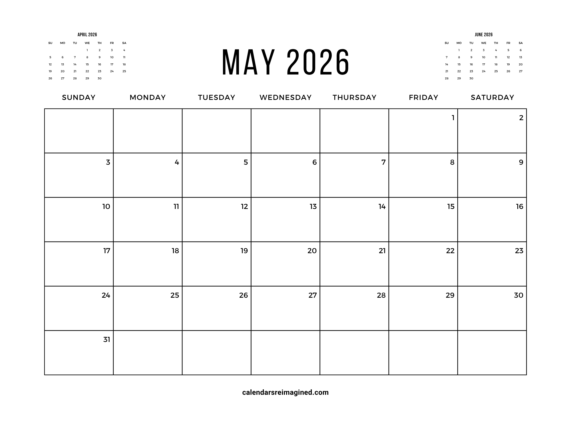 May 2026 calendar with next and previous months
