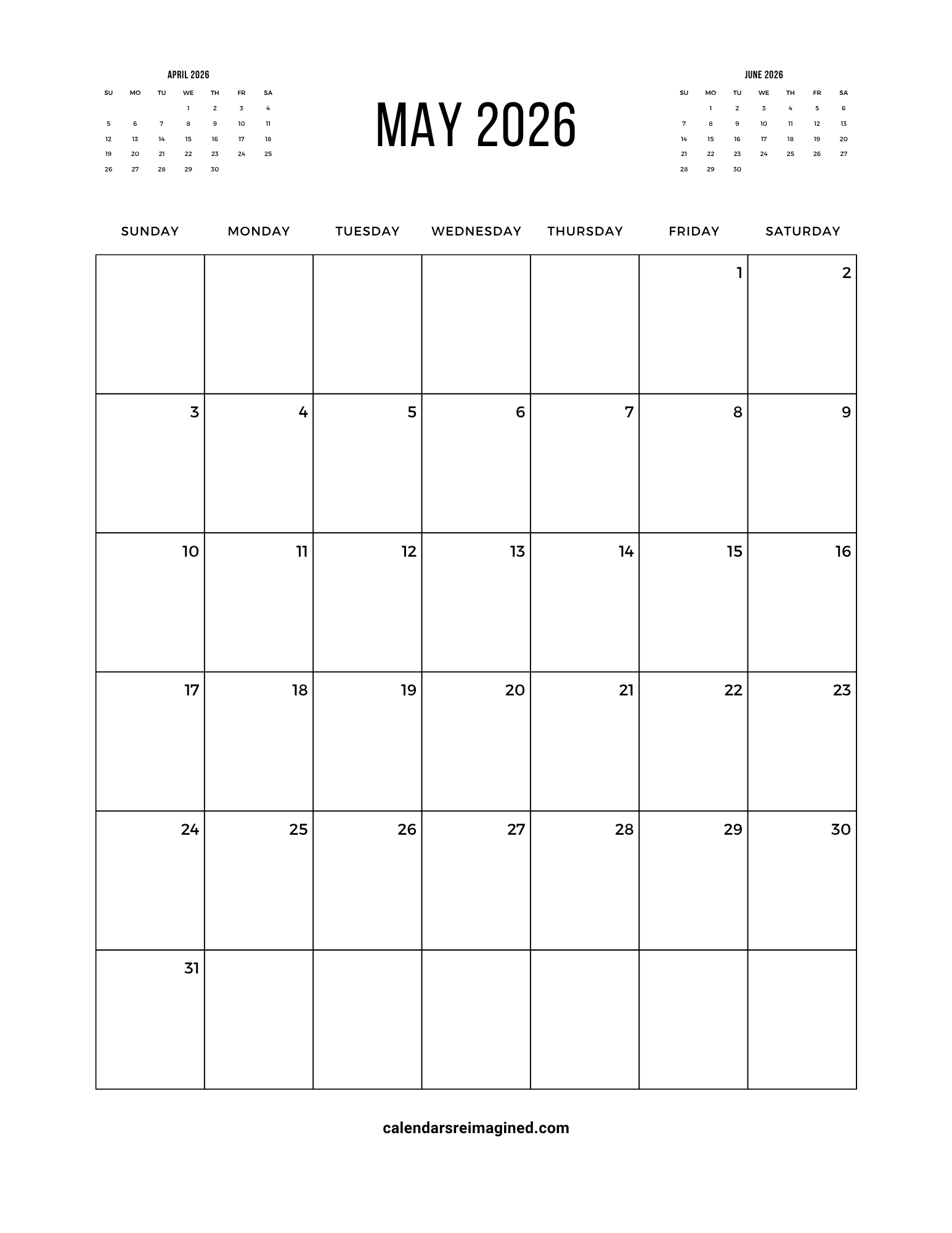 May 2026 calendar with next and previous months