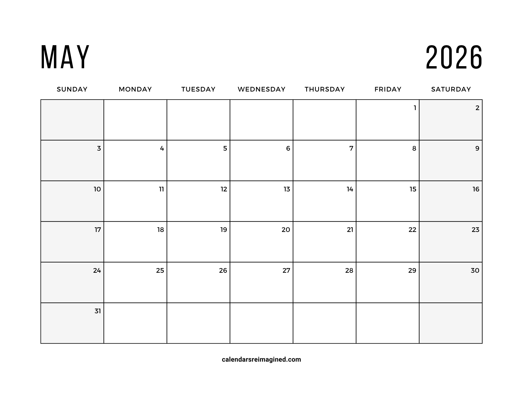May 2026 calendar with shaded weekends