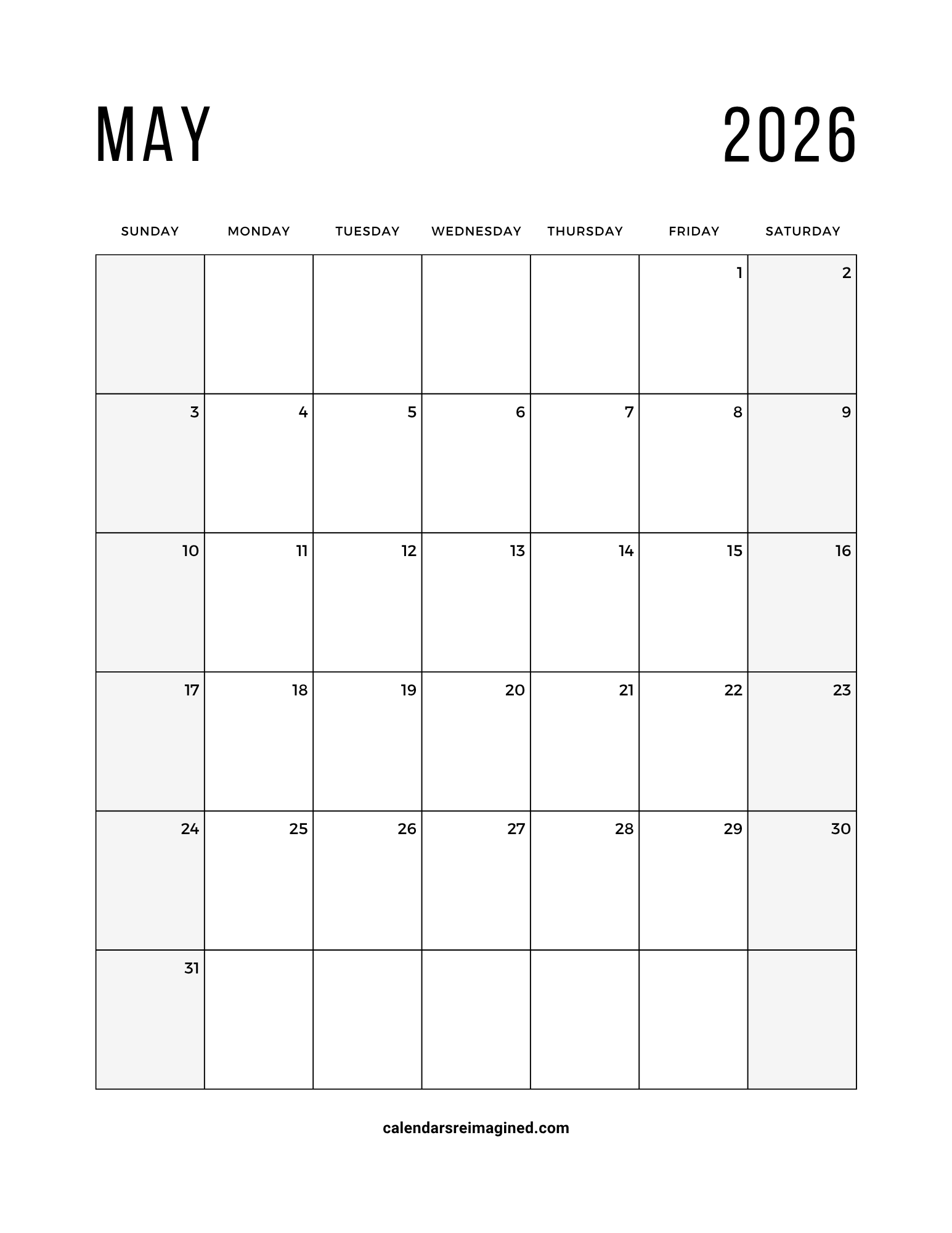 May 2026 calendar with shaded weekends