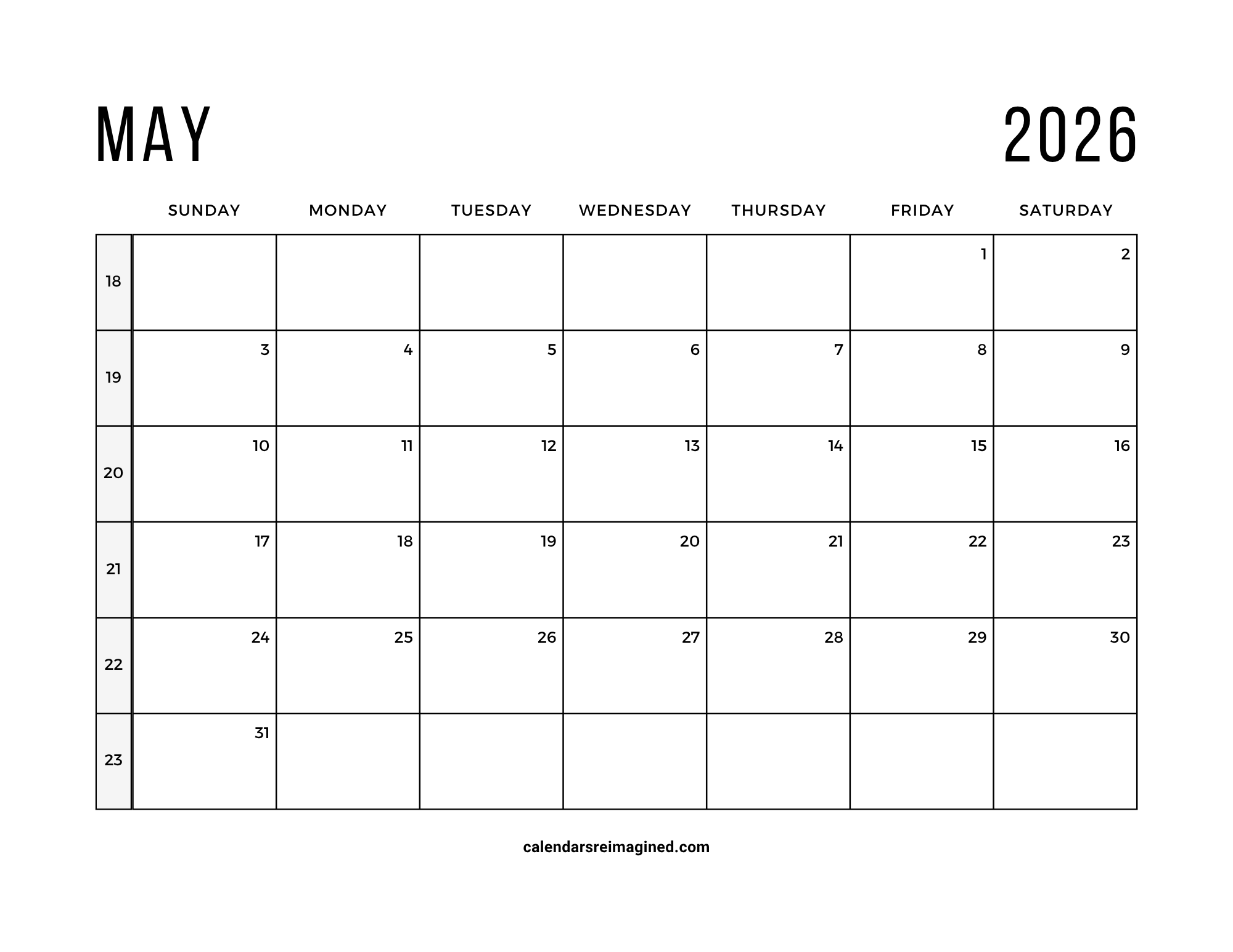 May 2026 calendar with week numbers