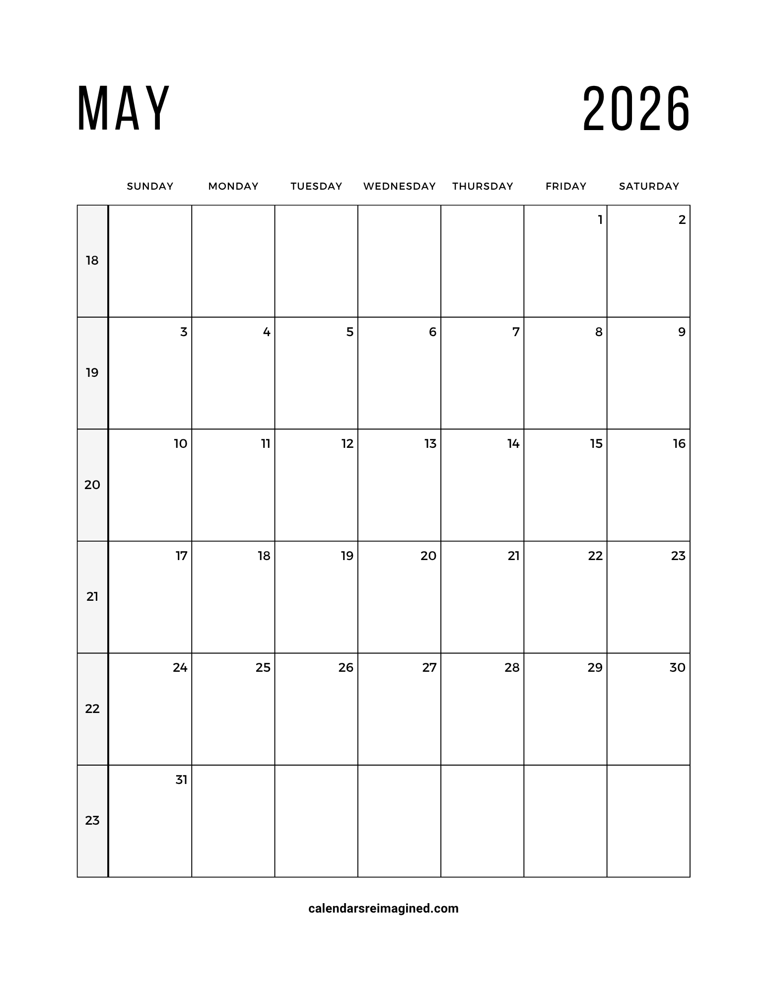 May 2026 calendar with week numbers