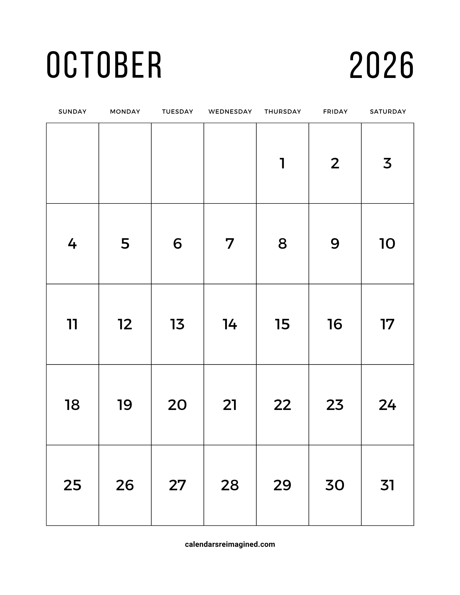 October 2026 calendar with large print