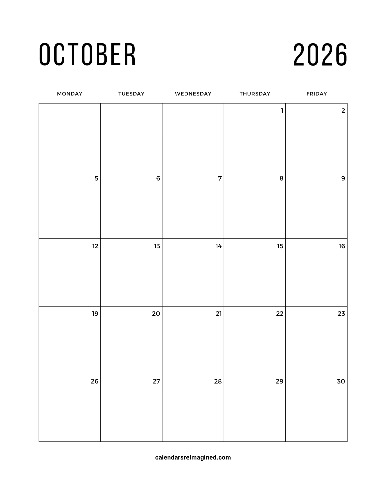 October 2026 workweek or 5-day calendar