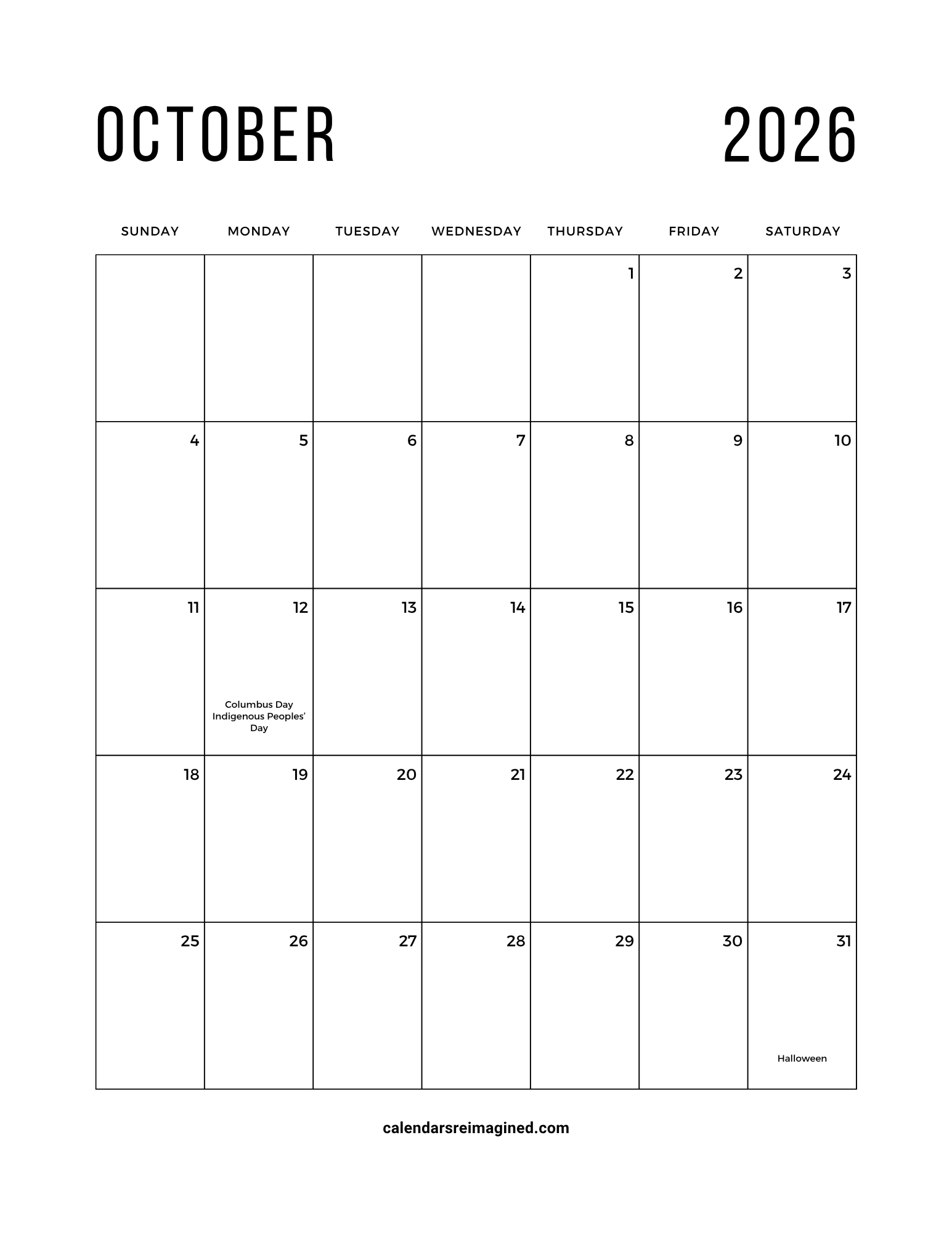 October 2026 calendar with holidays