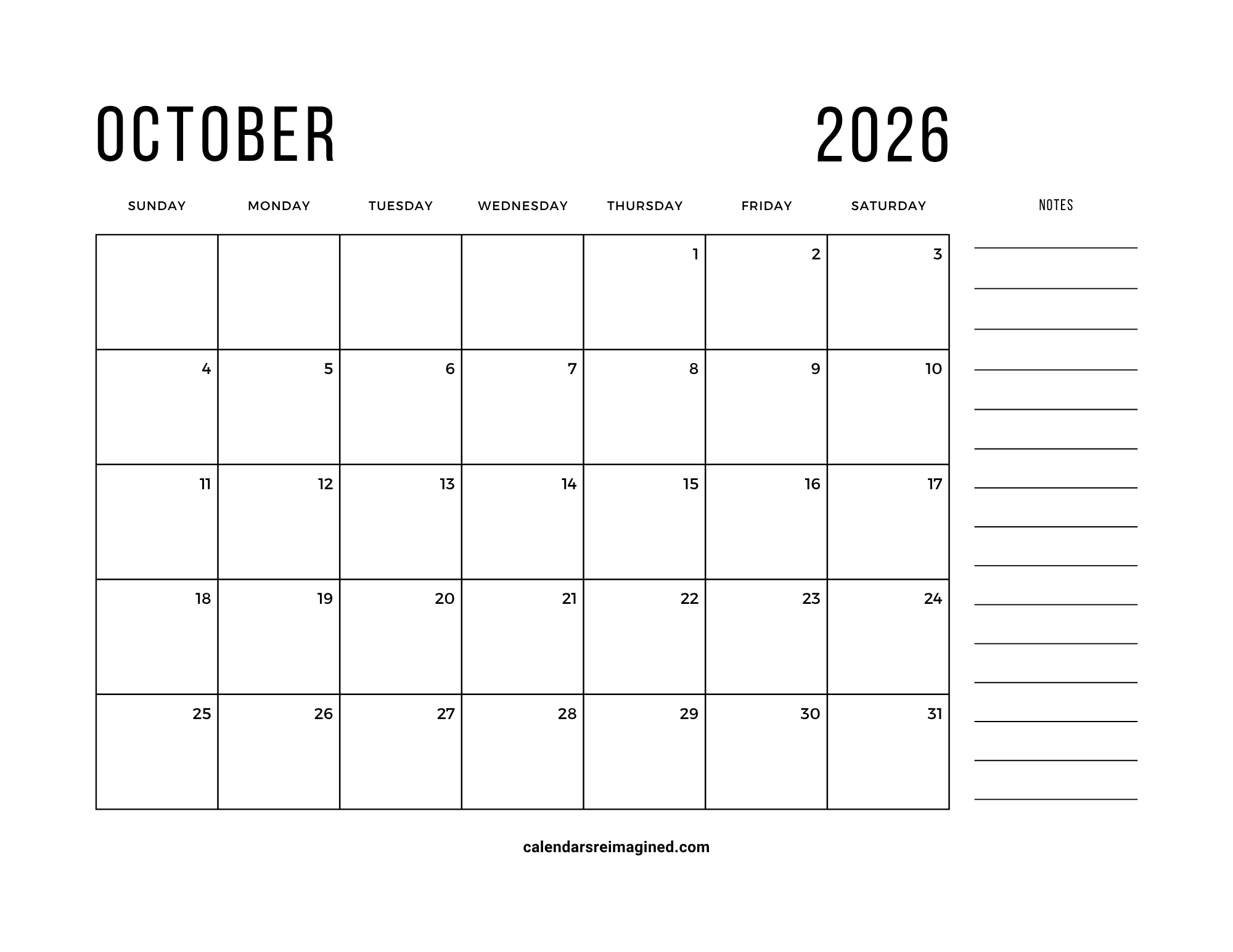 October 2026 calendar with notes
