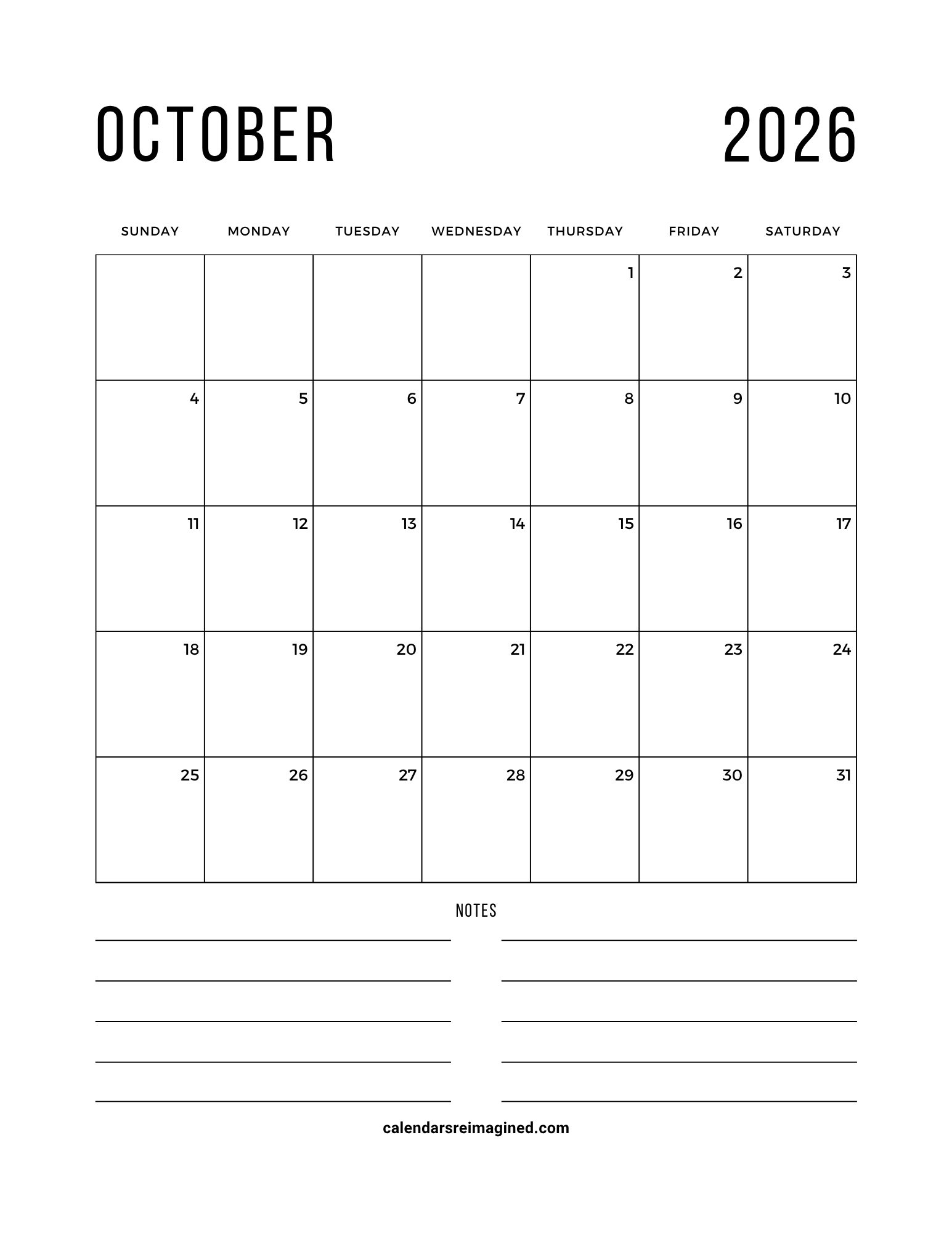 October 2026 calendar with notes