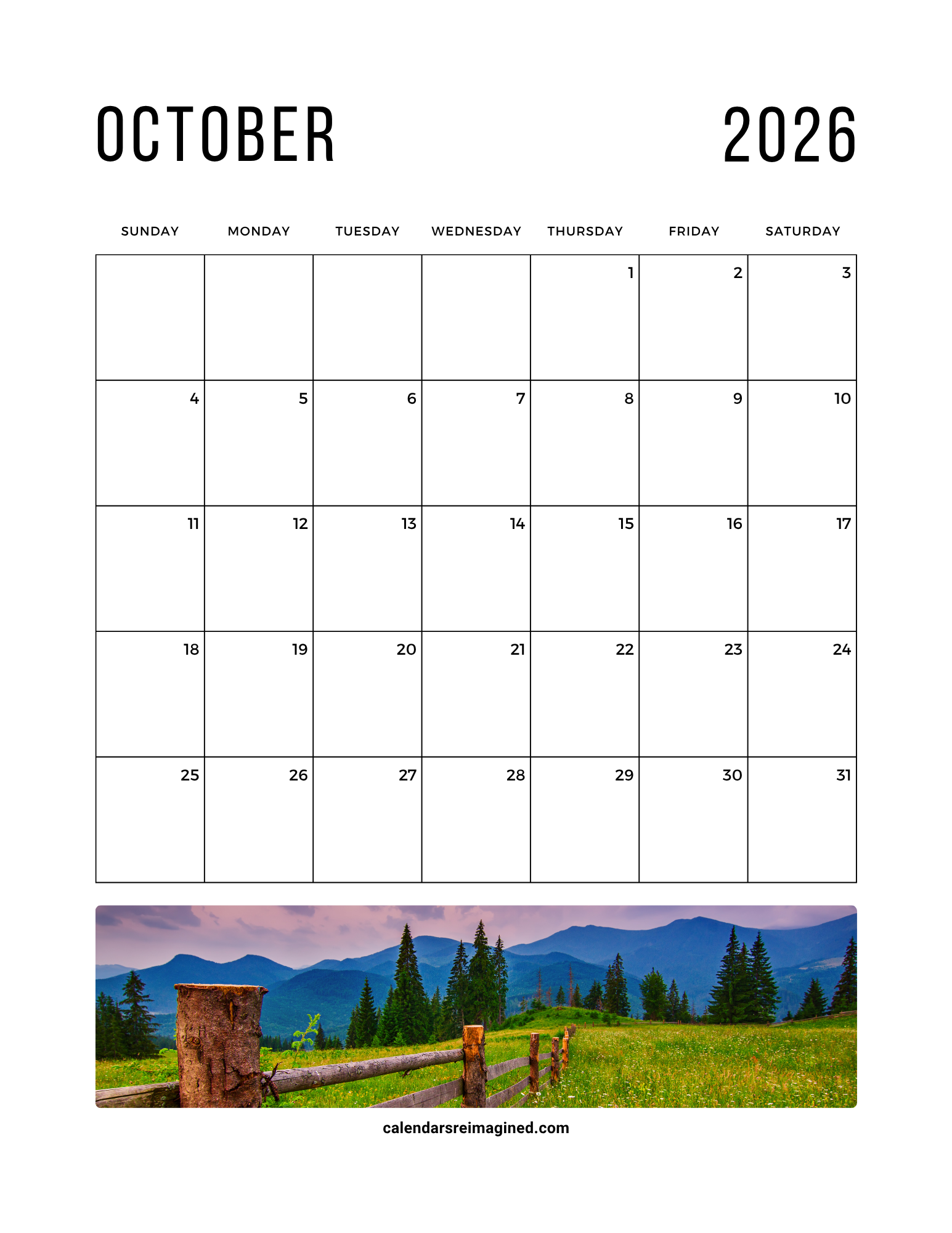 October 2026 calendar with photos