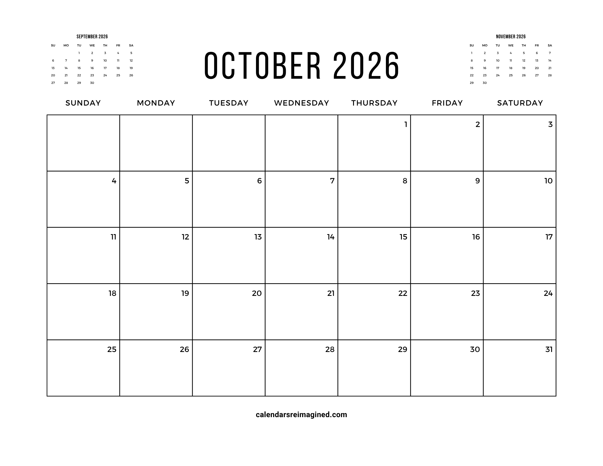 October 2026 calendar with next and previous months