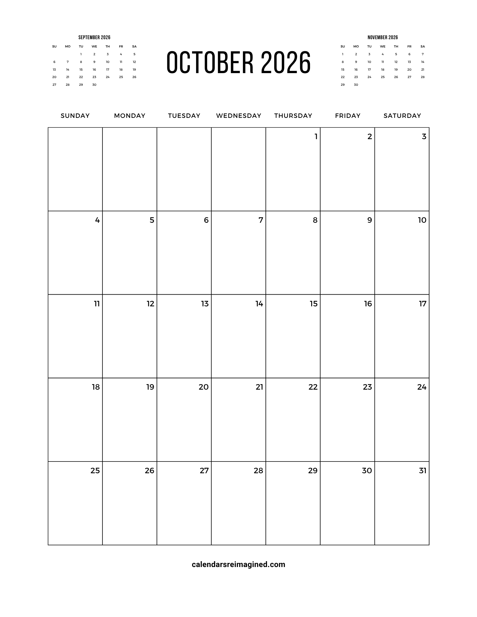 October 2026 calendar with next and previous months