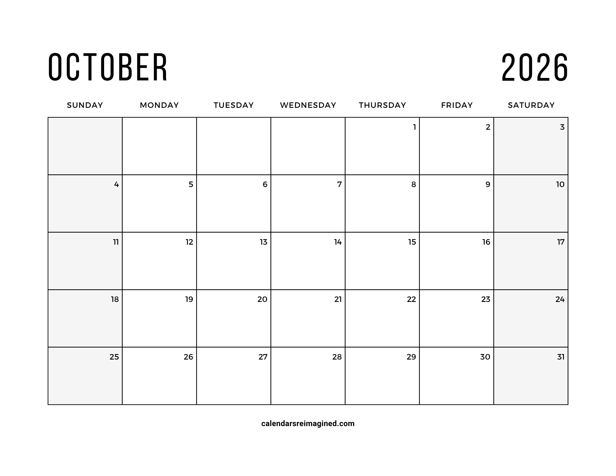October 2026 calendar with shaded weekends