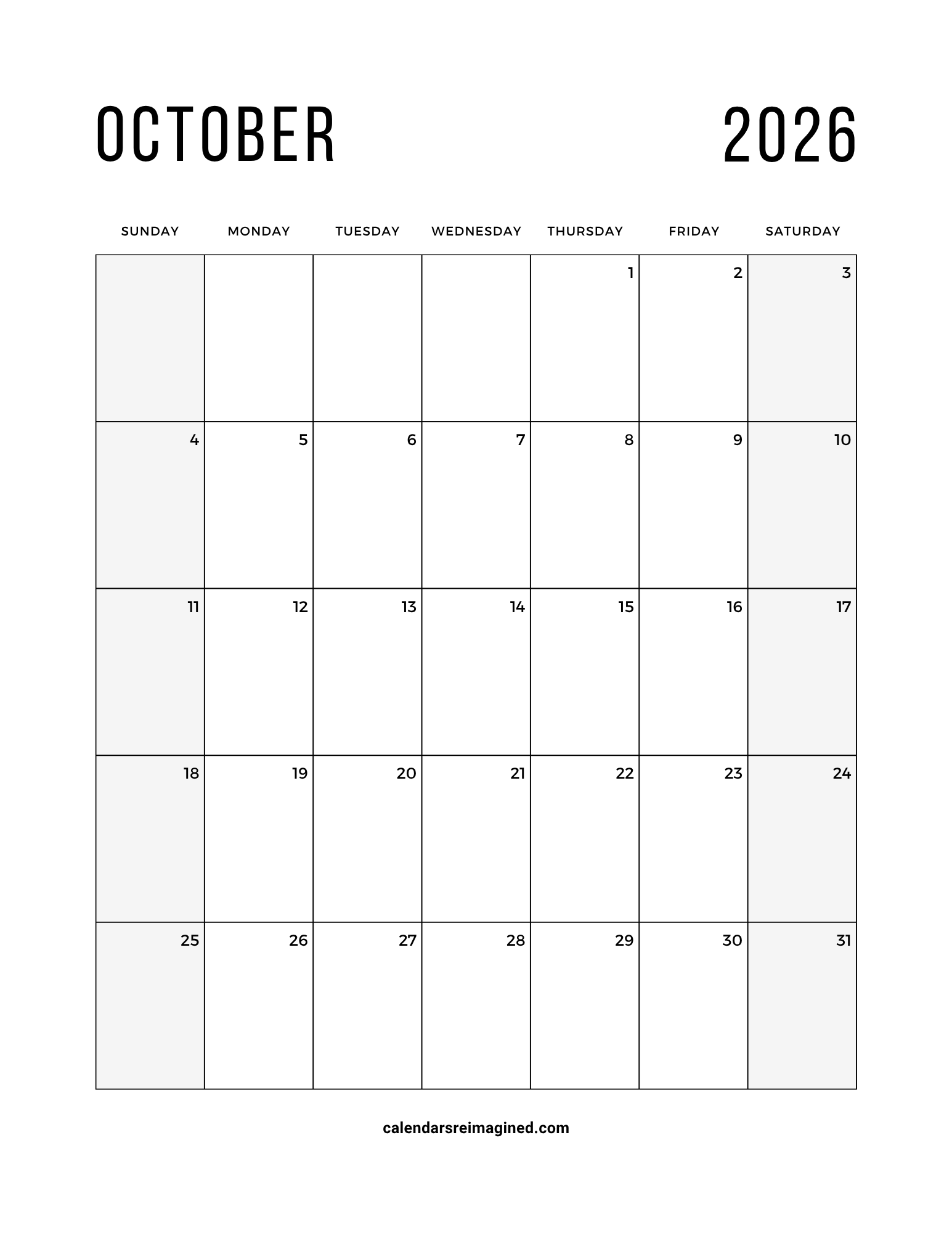 October 2026 calendar with shaded weekends