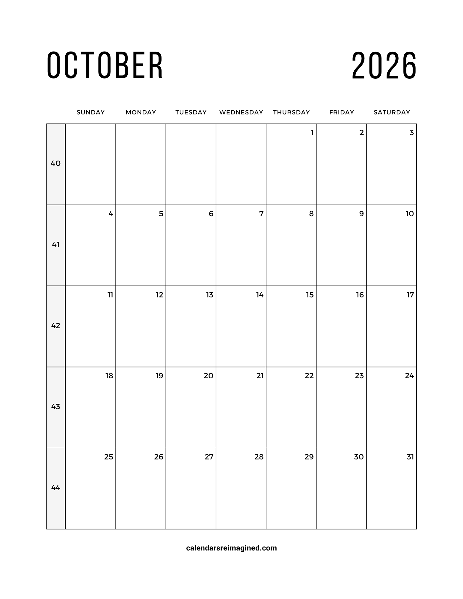 October 2026 calendar with week numbers