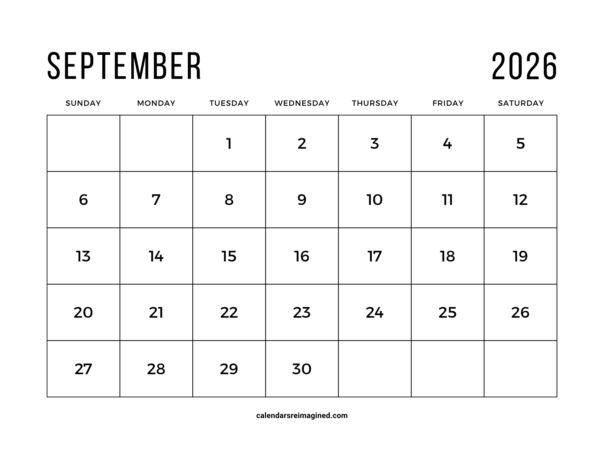 September 2026 calendar with large print