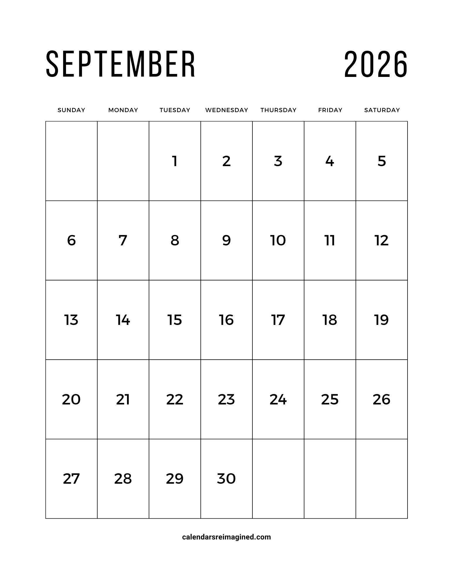 September 2026 calendar with large print