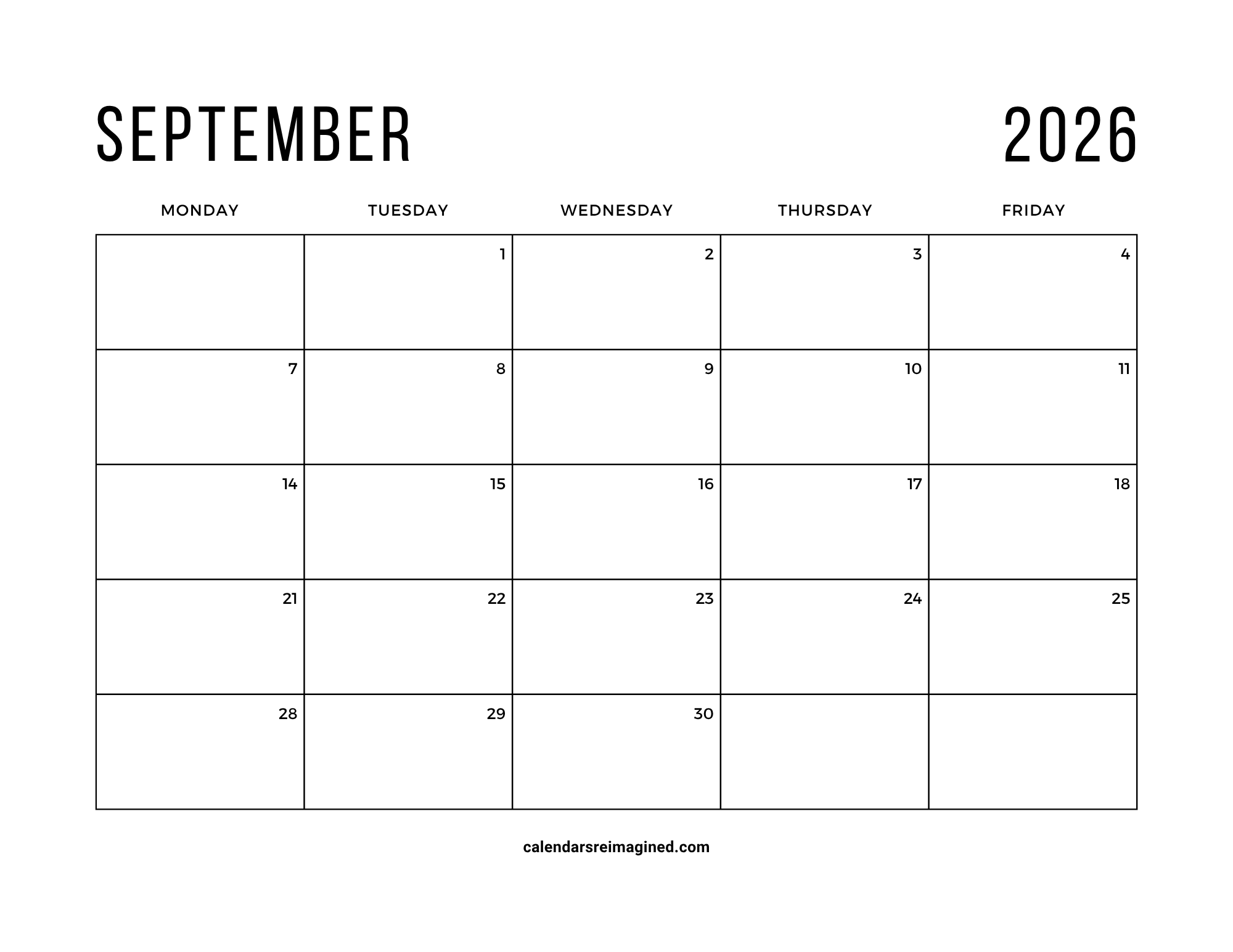September 2026 workweek or 5-day calendar