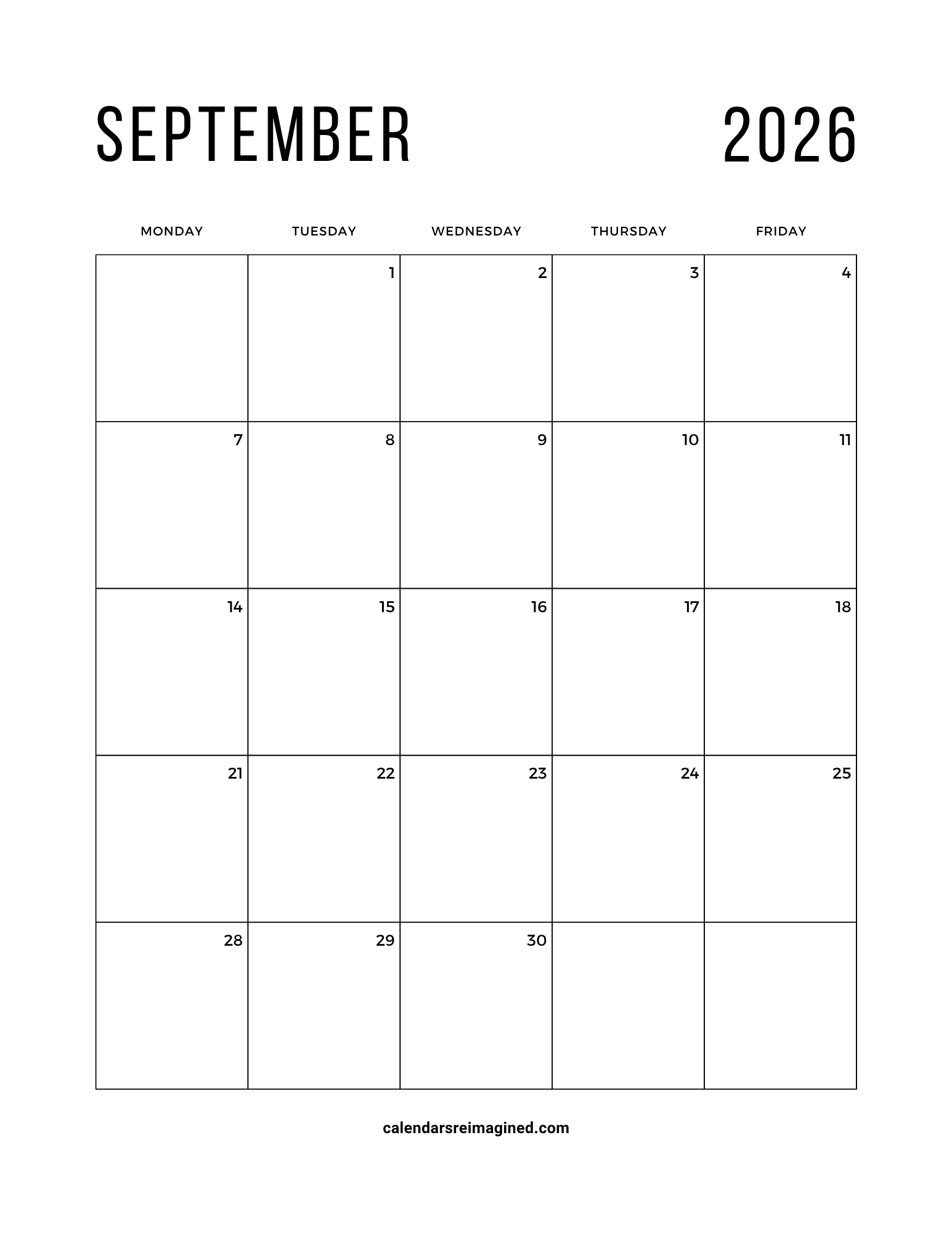 September 2026 workweek or 5-day calendar