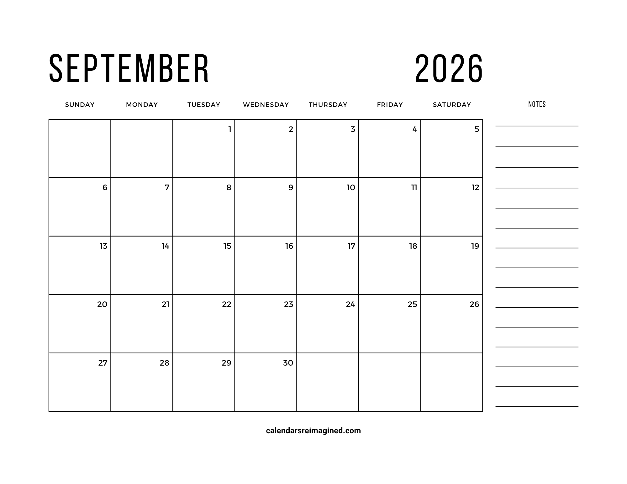 September 2026 calendar with notes