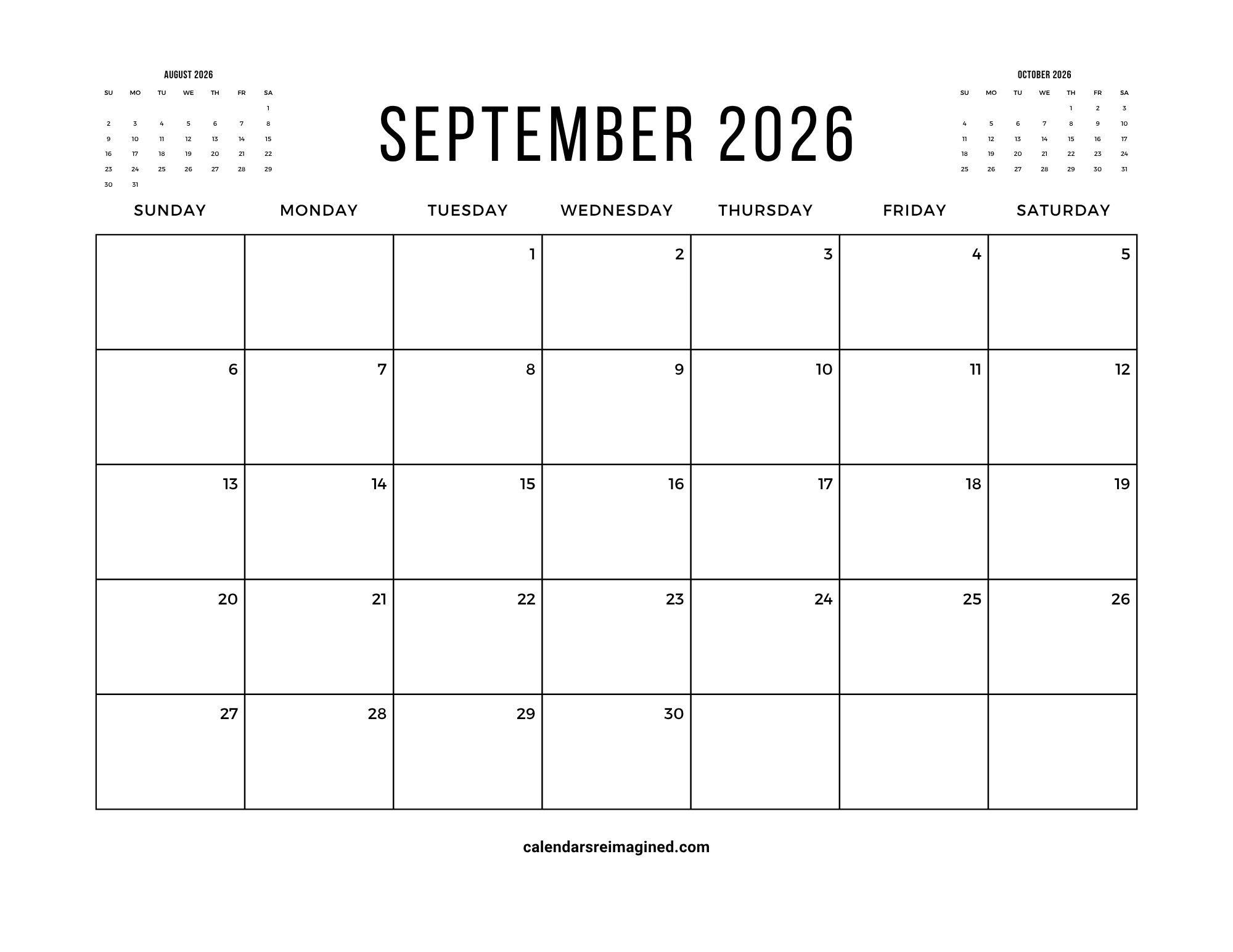 September 2026 calendar with next and previous months