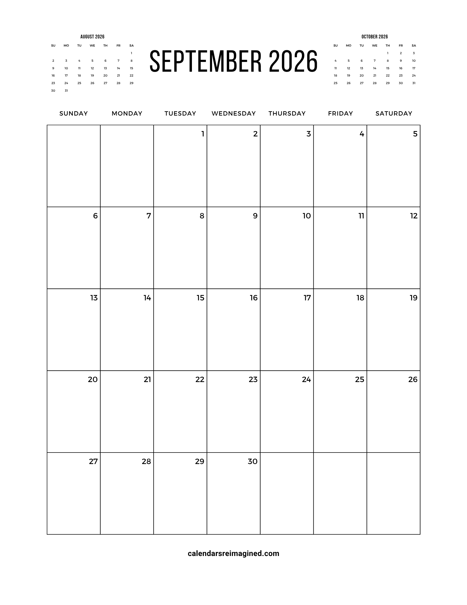 September 2026 calendar with next and previous months