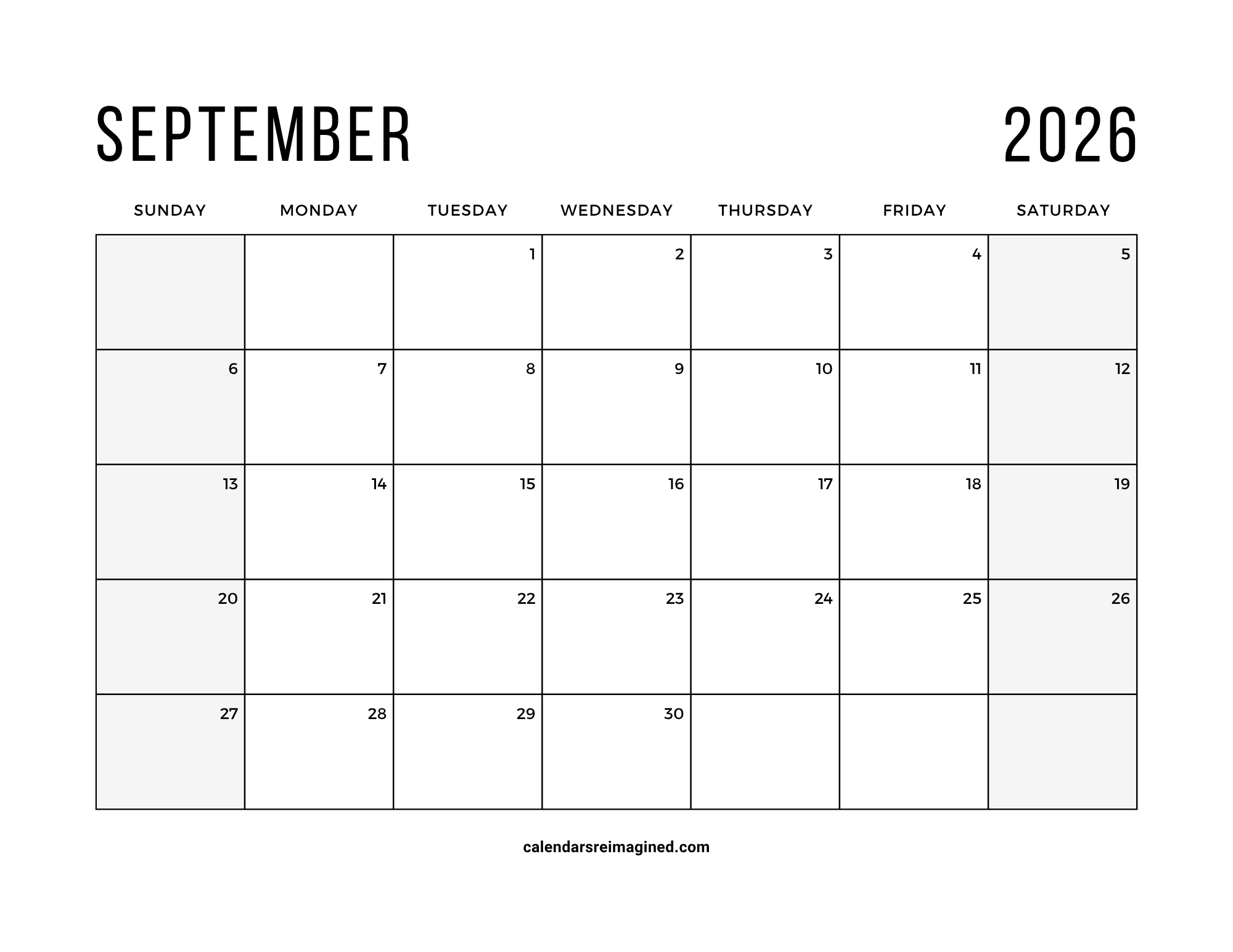 September 2026 calendar with shaded weekends