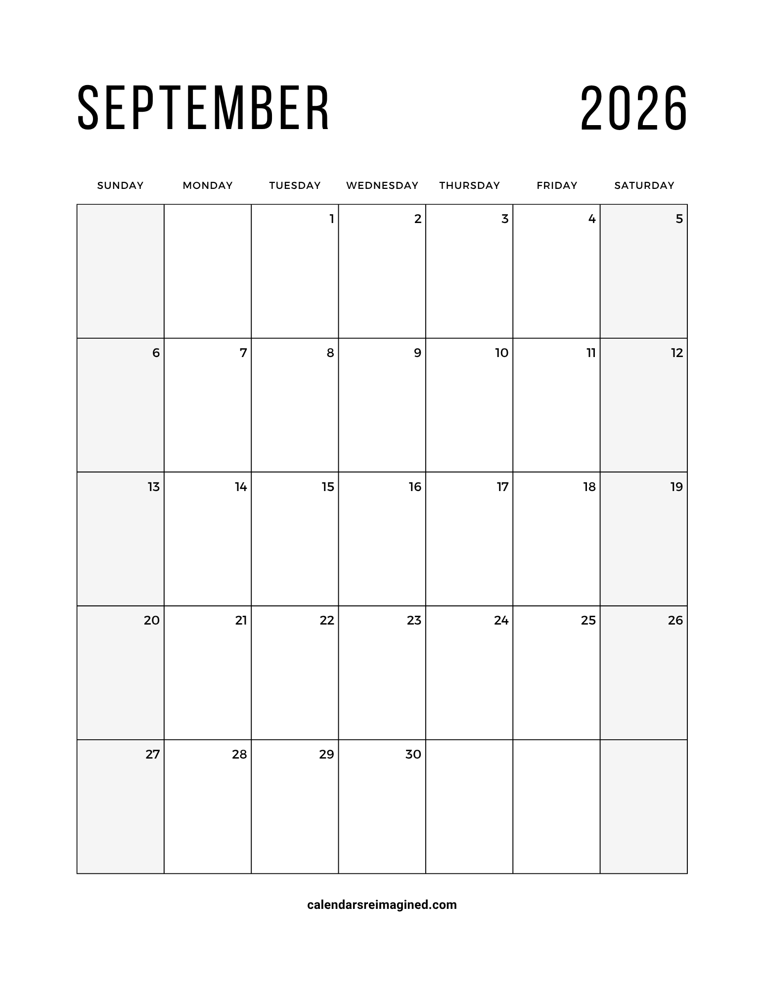 September 2026 calendar with shaded weekends